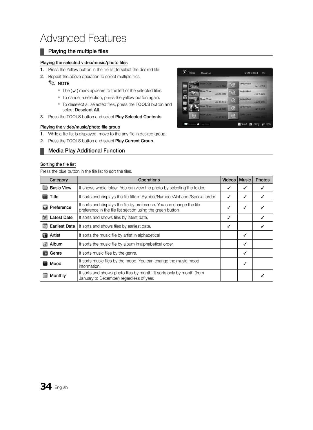 Samsung LE37C570, LE46C579, LE40C570, LE40C579, LE37C579 Playing the multiple files, Media Play Additional Function, Title 