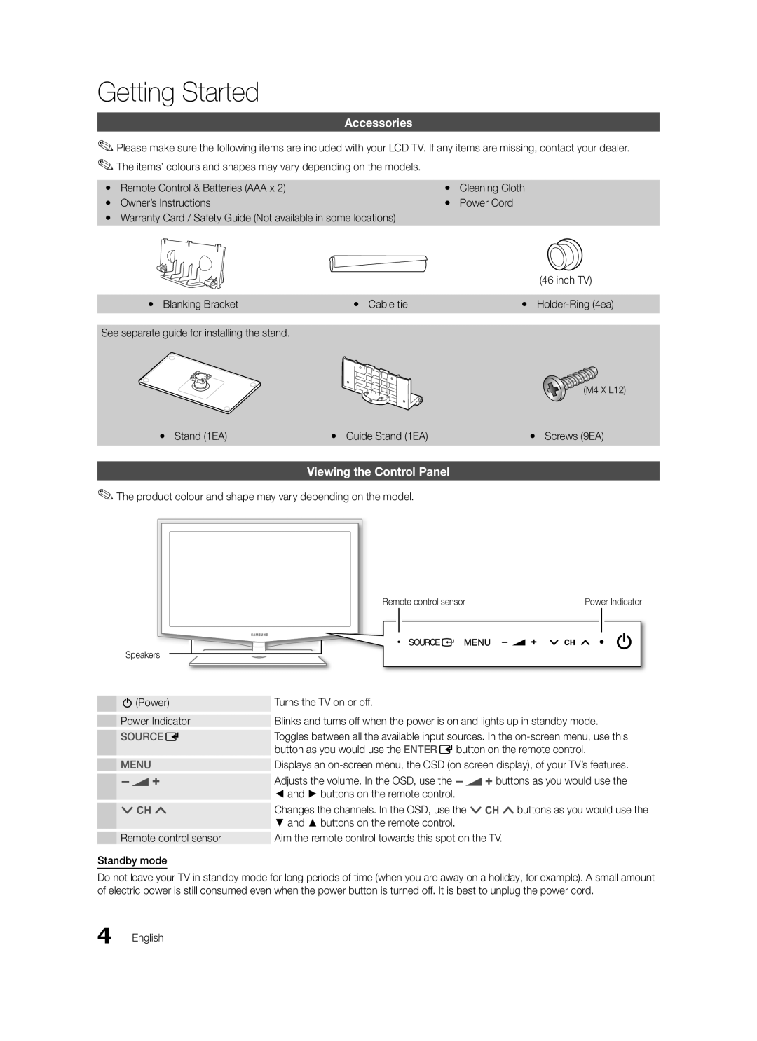 Samsung LE37C579, LE46C579, LE40C570, LE37C570, LE40C579, LE32C579 Getting Started, Accessories, Viewing the Control Panel 