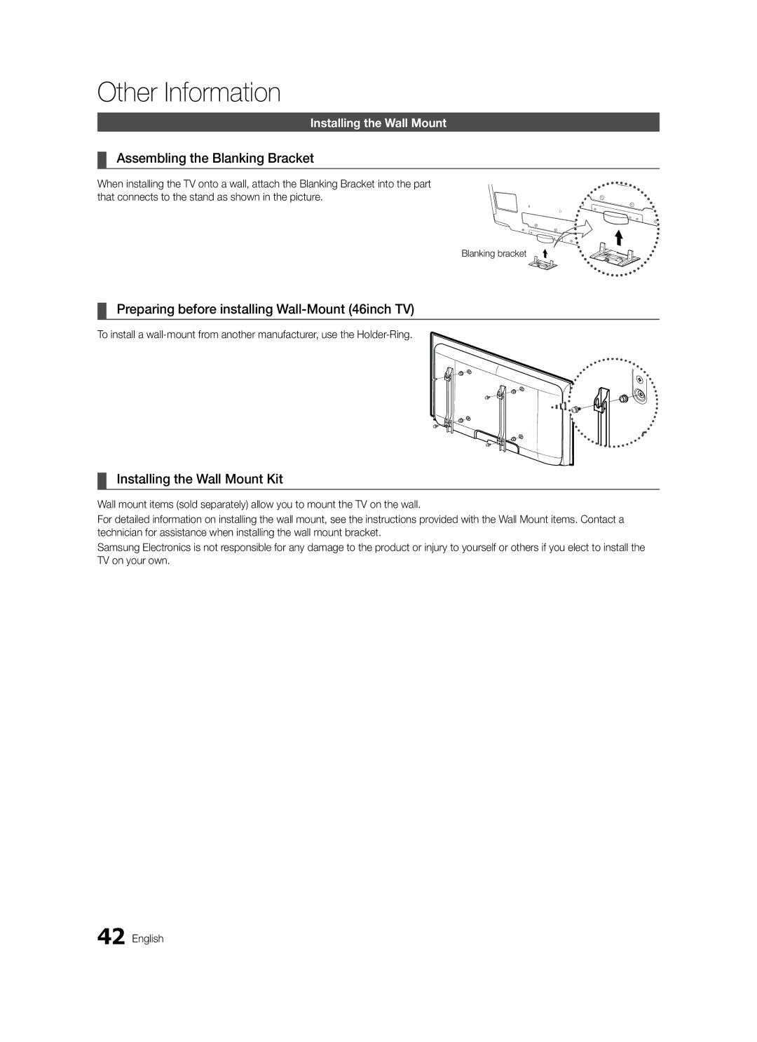 Samsung LE37C570 Assembling the Blanking Bracket, Preparing before installing Wall-Mount 46inch TV, Blanking bracket 