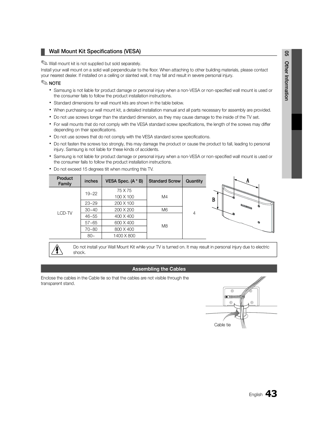 Samsung LE40C579, LE46C579, LE40C570, LE37C570 Wall Mount Kit Specifications Vesa, Assembling the Cables, Quantity, Family 