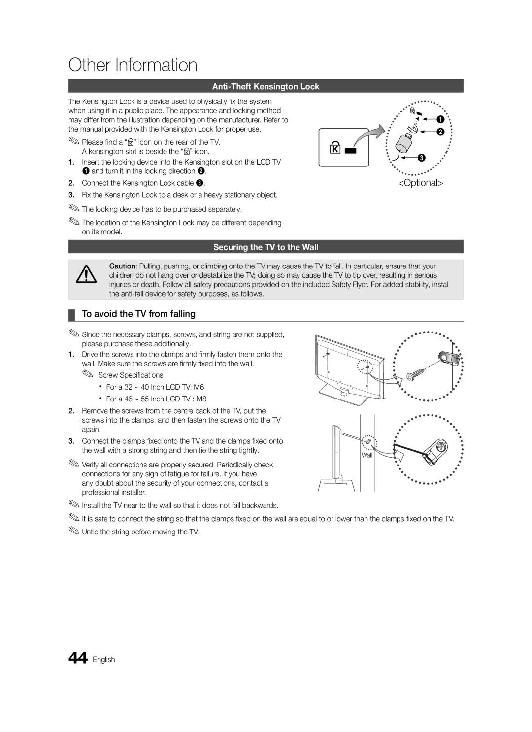 Samsung LE37C579, LE46C579, LE40C570 To avoid the TV from falling, Anti-Theft Kensington Lock, Securing the TV to the Wall 