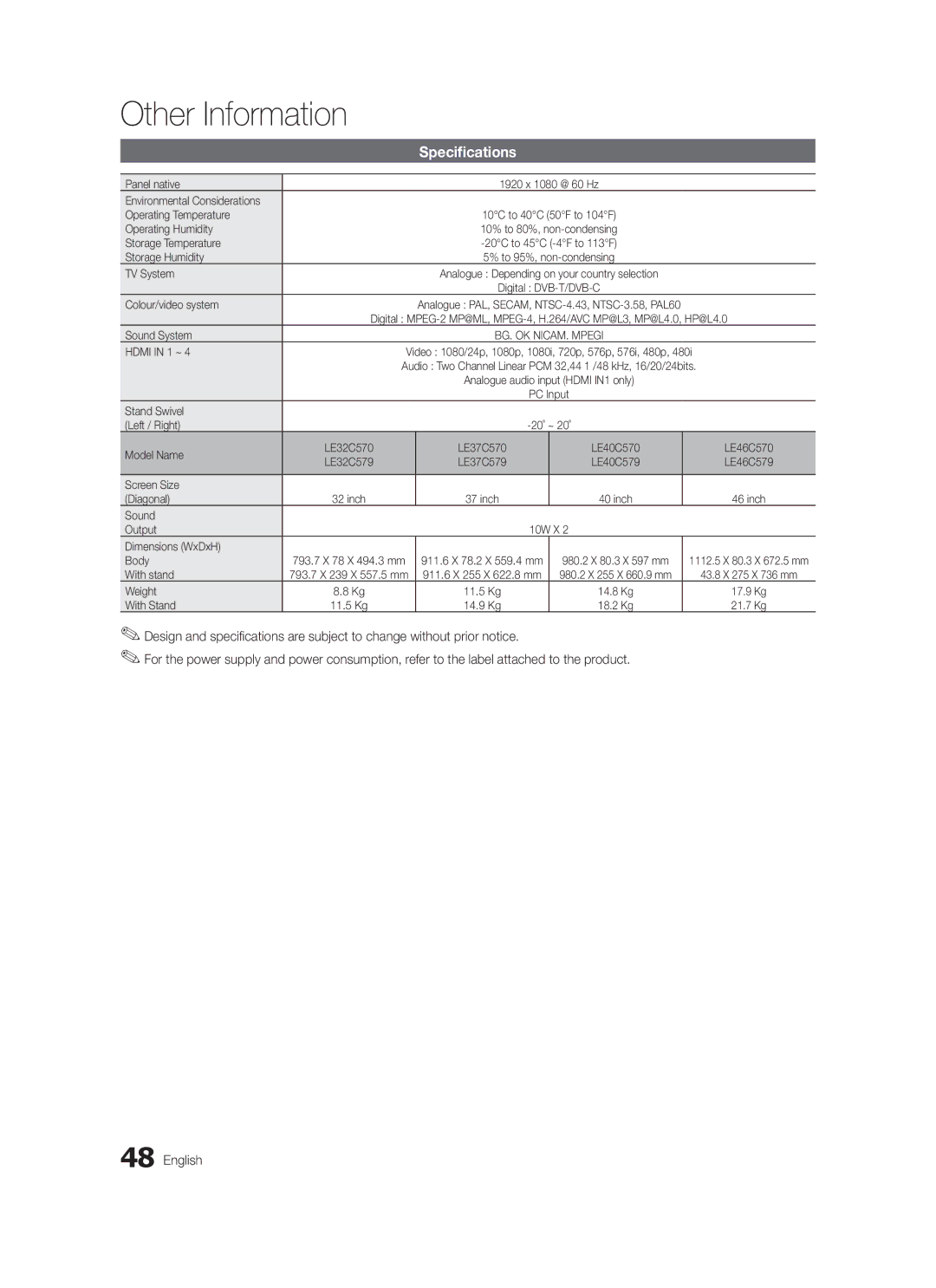 Samsung LE46C579, LE40C570, LE37C570, LE40C579, LE37C579, LE32C579, LE32C570, LE46C570 user manual Specifications 