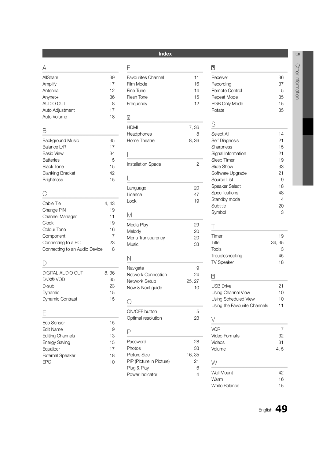 Samsung LE40C570 Index, AllShare Amplify Antenna Anynet+, Favourites Channel Film Mode Fine Tune Flesh Tone Frequency 