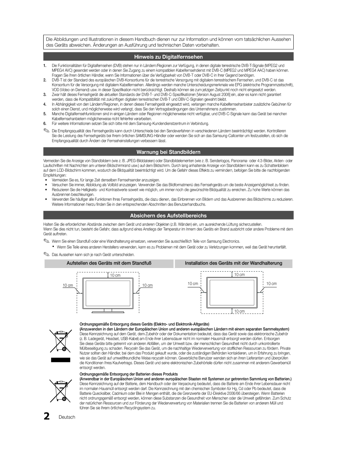 Samsung LE40C579, LE46C579, LE40C570 Hinweis zu Digitalfernsehen, Warnung bei Standbildern, Absichern des Aufstellbereichs 