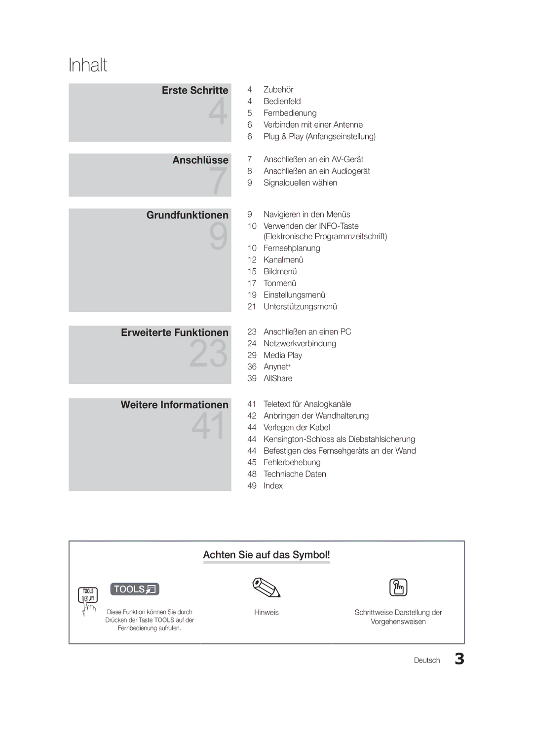 Samsung LE37C579 Inhalt, Achten Sie auf das Symbol, Verwenden der INFO-Taste Elektronische Programmzeitschrift, Hinweis 