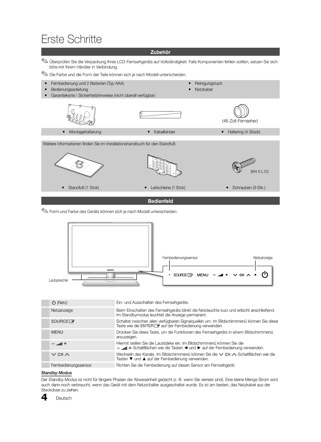 Samsung LE32C579, LE46C579, LE40C570, LE37C570, LE40C579, LE37C579 Erste Schritte, Zubehör, Bedienfeld, Zoll-Fernseher 