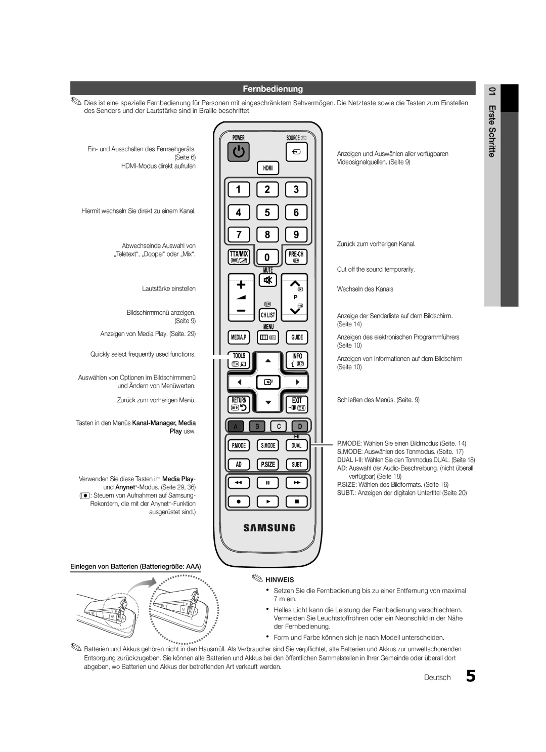 Samsung LE32C570, LE46C579, LE40C570, LE37C570, LE40C579, LE37C579, LE32C579, LE46C570 user manual Fernbedienung, Erste Schritte 