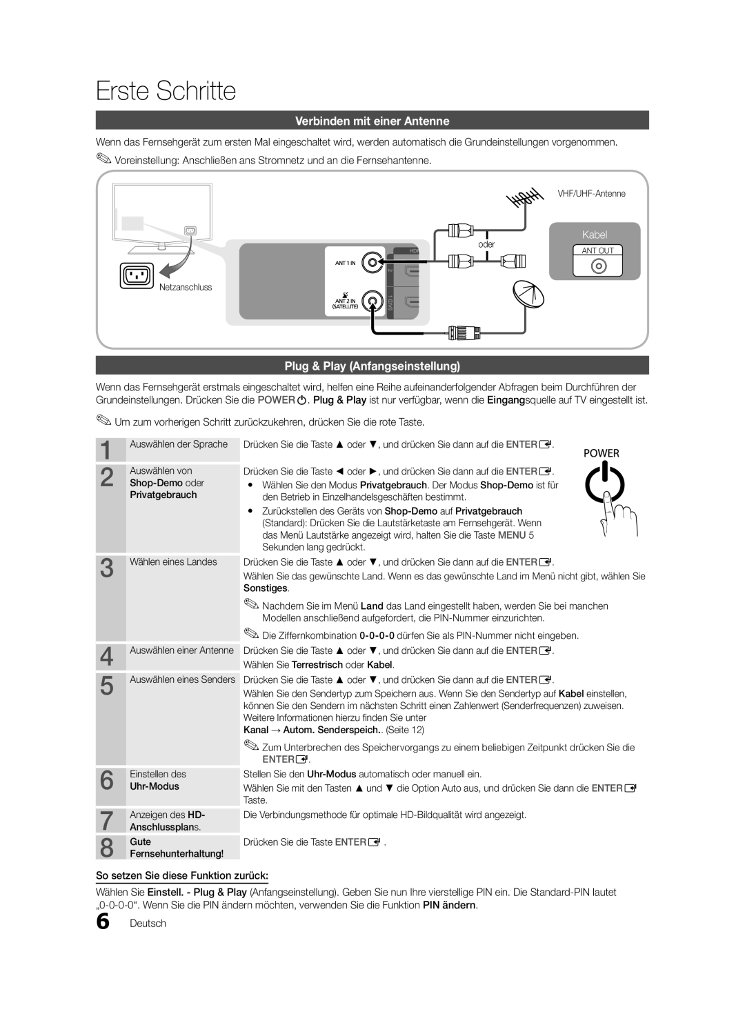 Samsung LE46C570, LE46C579, LE40C570, LE37C570, LE40C579, LE37C579 Verbinden mit einer Antenne, Plug & Play Anfangseinstellung 