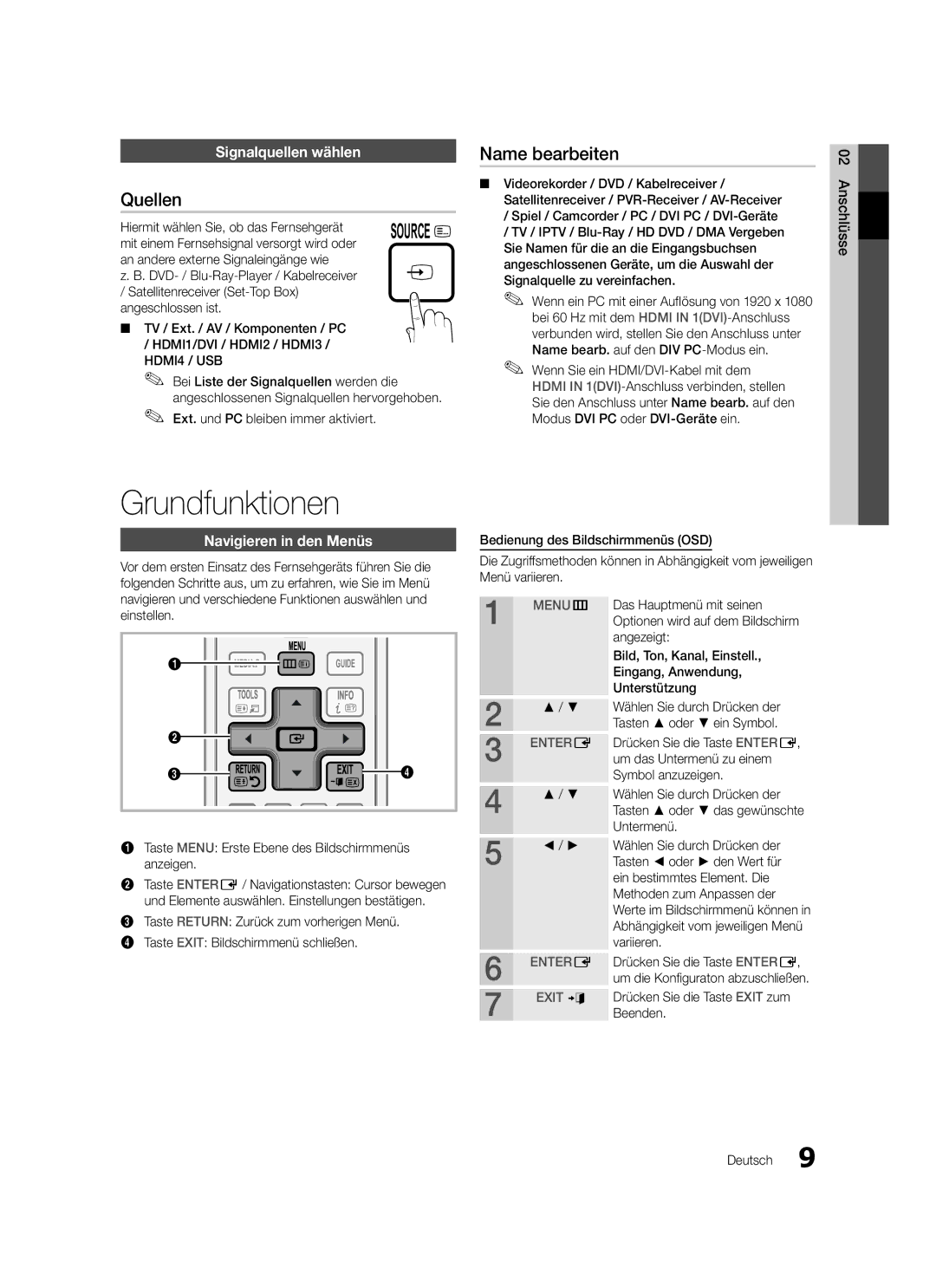 Samsung LE37C570, LE46C579 Grundfunktionen, Quellen, Name bearbeiten, Signalquellen wählen, Navigieren in den Menüs 