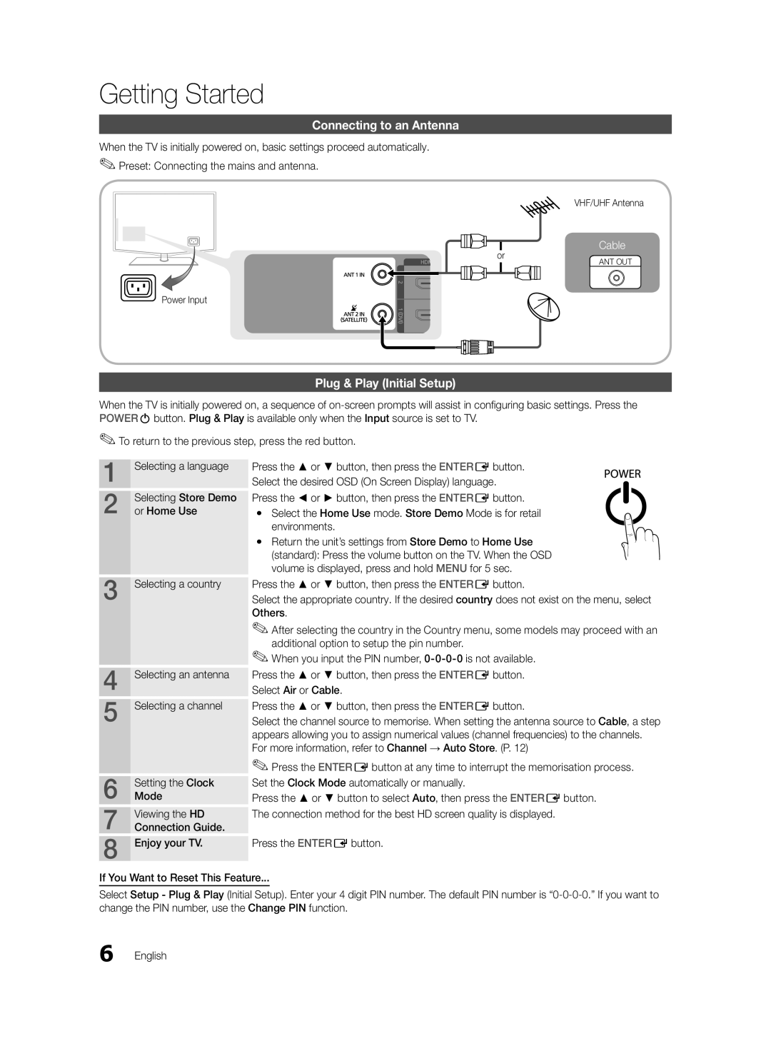 Samsung LE32C570, LE46C579, LE40C570 Connecting to an Antenna, Plug & Play Initial Setup, VHF/UHF Antenna, Power Input 