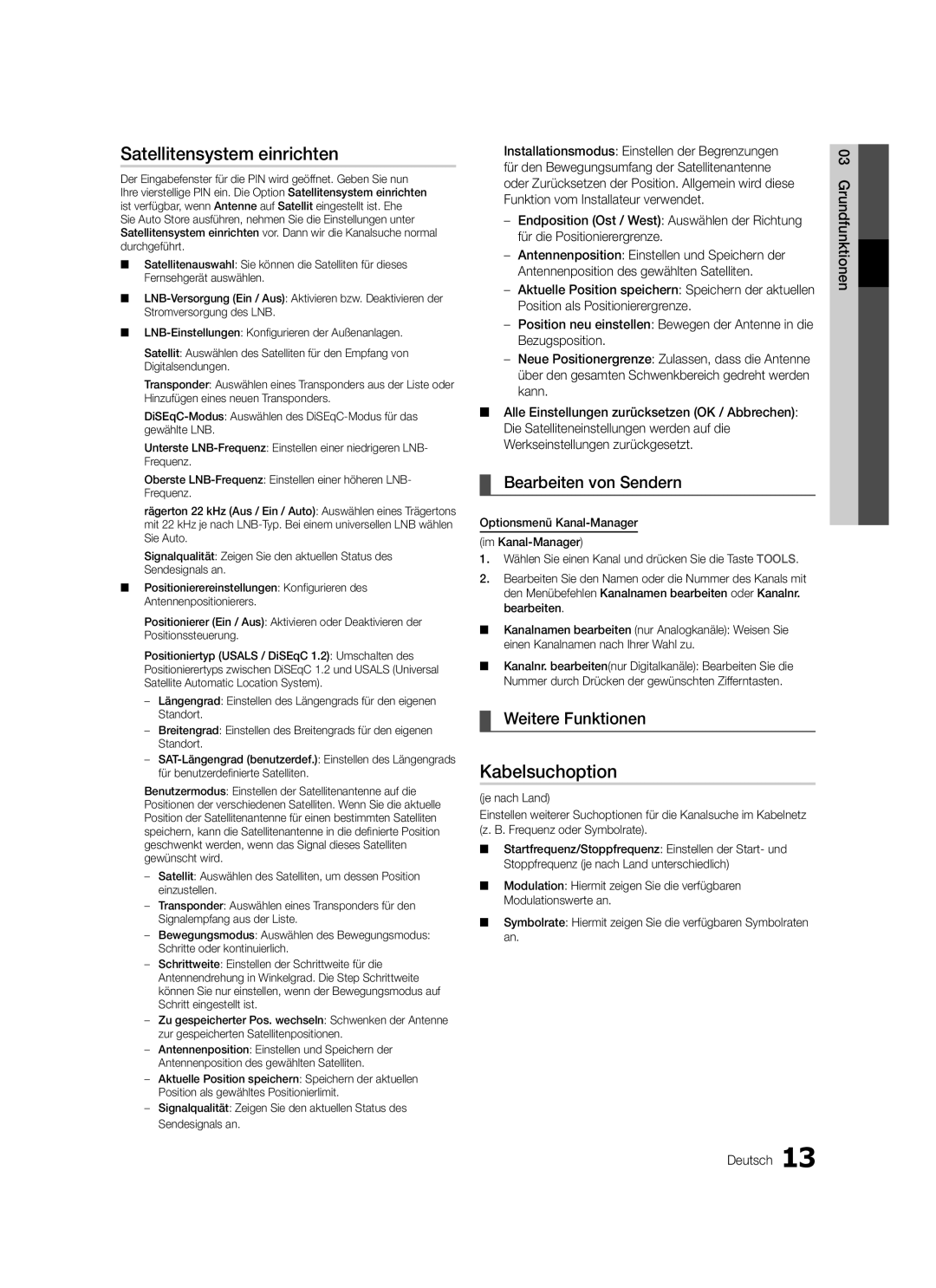 Samsung LE32C570, LE46C579 Satellitensystem einrichten, Kabelsuchoption, Bearbeiten von Sendern, Weitere Funktionen 