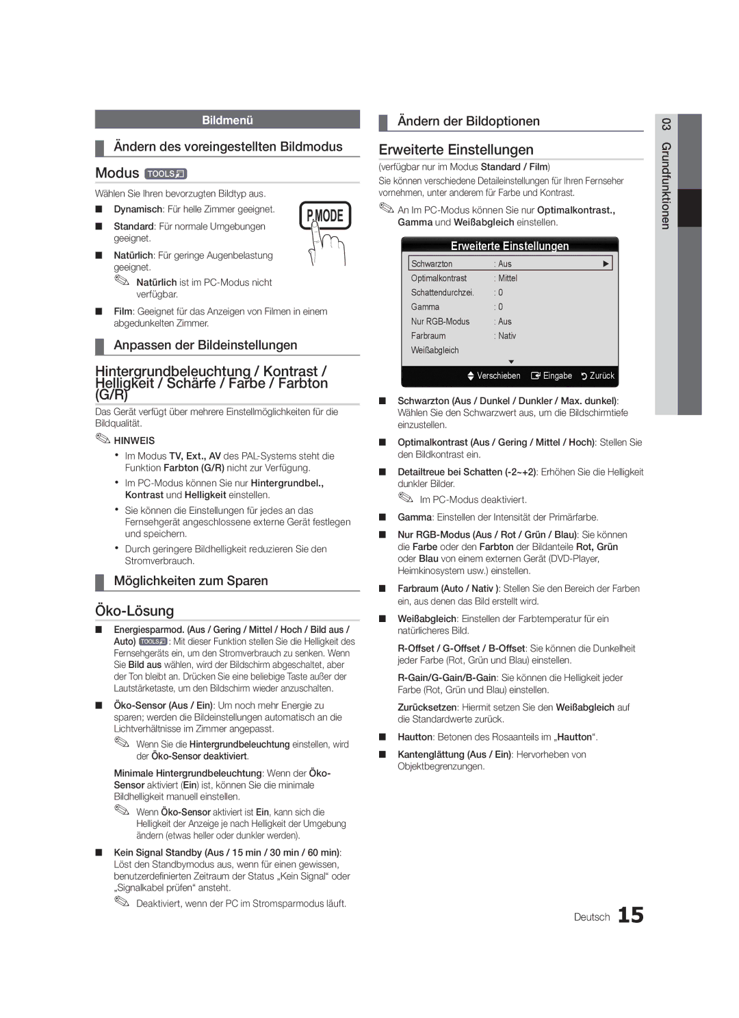 Samsung LE46C579, LE40C570, LE37C570, LE40C579, LE37C579, LE32C579, LE32C570 Modus t, Öko-Lösung, Erweiterte Einstellungen 