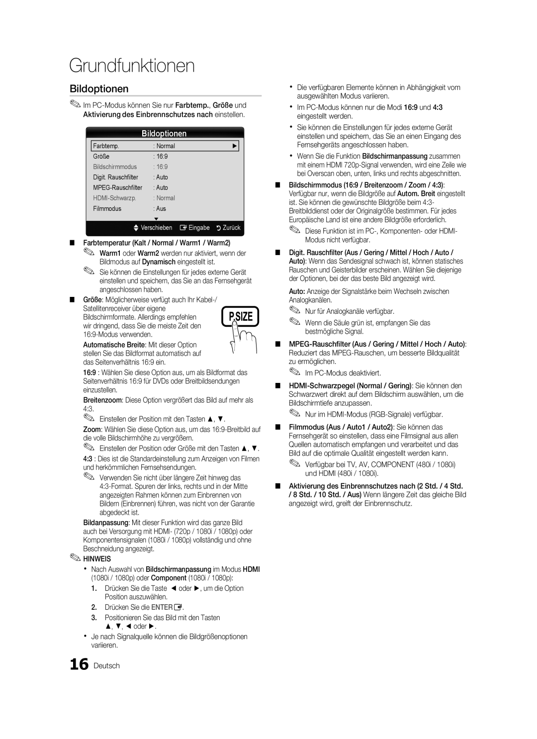 Samsung LE40C570, LE46C579, LE37C570, LE40C579, LE37C579, LE32C579 Bildoptionen, Farbtemperatur Kalt / Normal / Warm1 / Warm2 