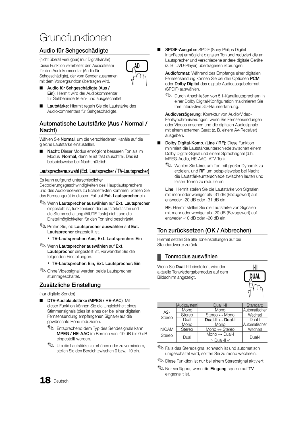 Samsung LE40C579, LE46C579 Audio für Sehgeschädigte, Automatische Lautstärke Aus / Normal / Nacht, Zusätzliche Einstellung 