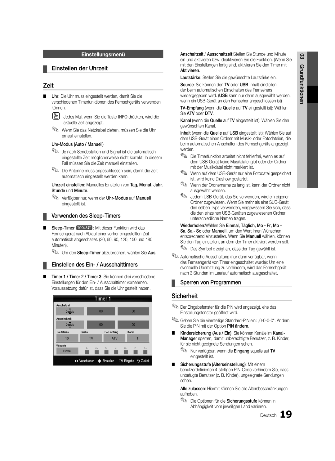 Samsung LE37C579, LE46C579, LE40C570, LE37C570, LE40C579, LE32C579, LE32C570, LE46C570 user manual Zeit, Sicherheit 