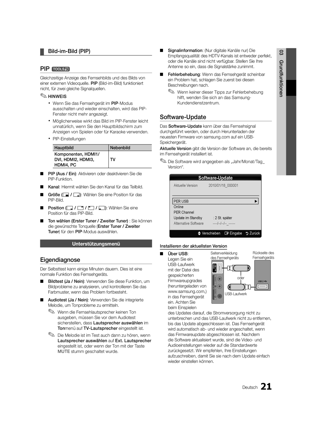 Samsung LE32C570, LE46C579, LE40C570, LE37C570, LE40C579 Eigendiagnose, Software-Update, Bild-im-Bild PIP, Unterstützungsmenü 