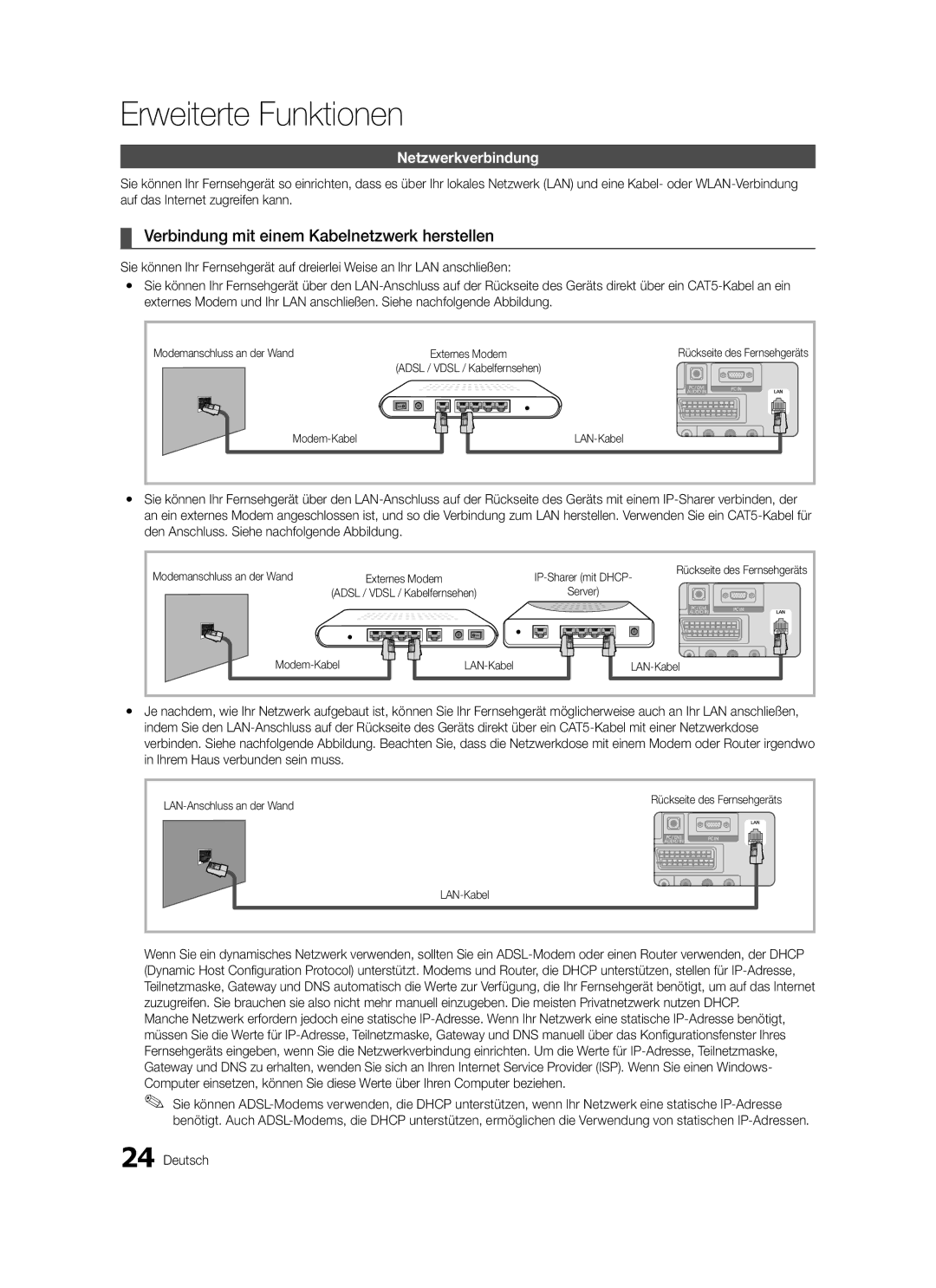 Samsung LE40C570, LE46C579 Erweiterte Funktionen, Verbindung mit einem Kabelnetzwerk herstellen, Netzwerkverbindung 