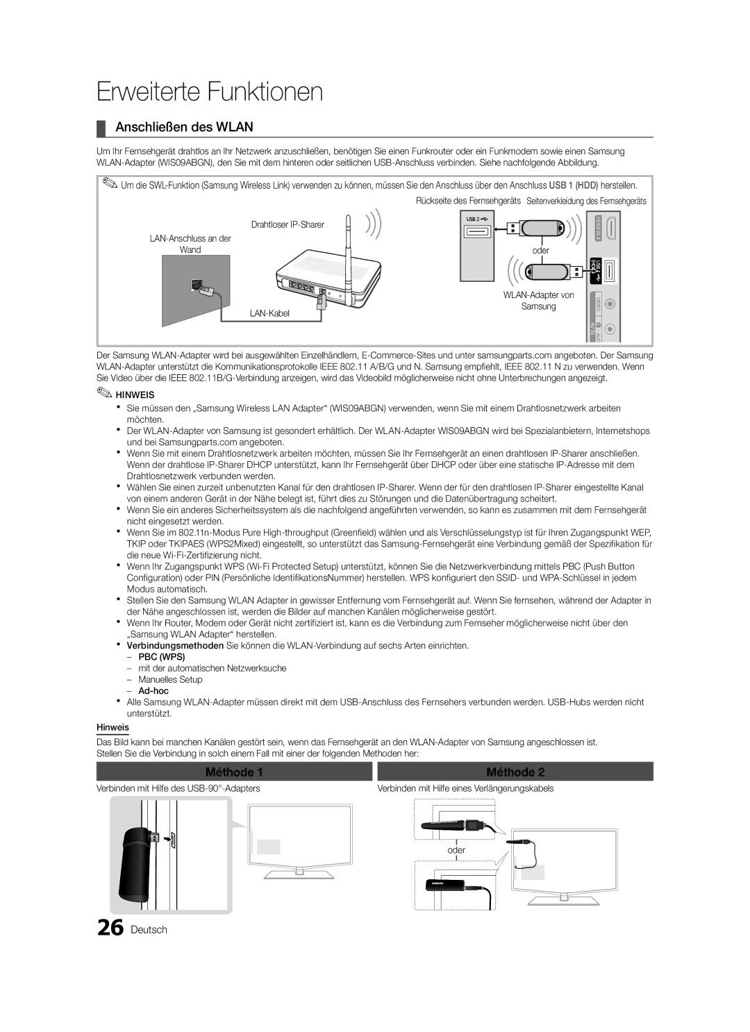 Samsung LE40C579, LE46C579, LE40C570, LE37C570, LE37C579, LE32C579, LE32C570, LE46C570 user manual Anschließen des Wlan, Hinweis 