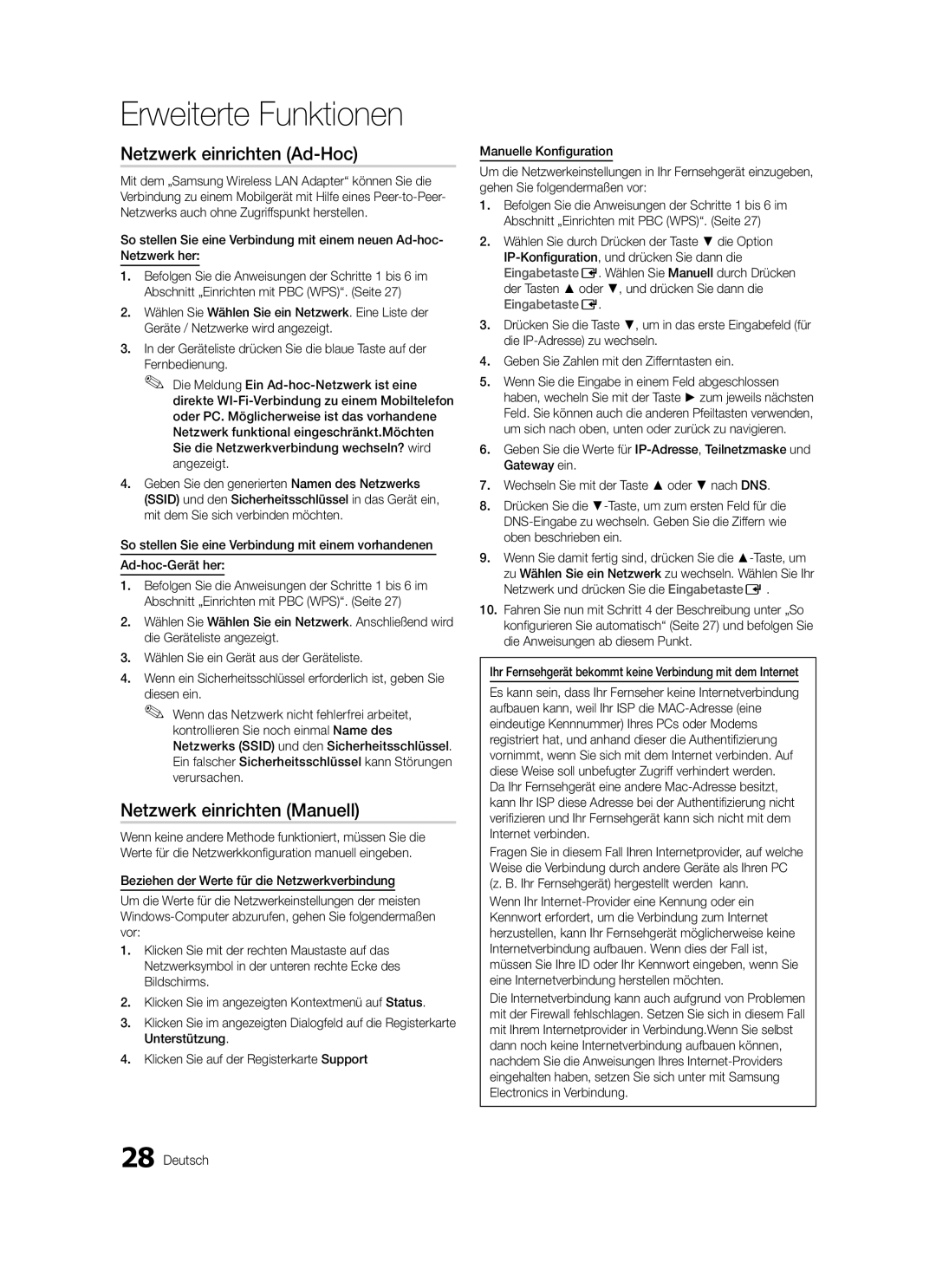 Samsung LE32C579, LE46C579, LE40C570, LE37C570, LE40C579, LE37C579 Netzwerk einrichten Ad-Hoc, Netzwerk einrichten Manuell 