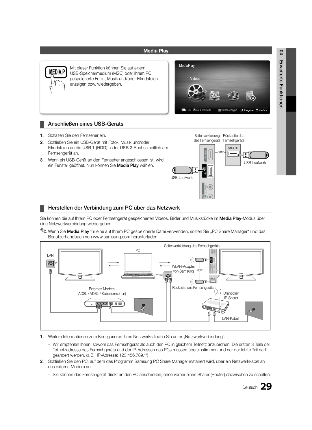 Samsung LE32C570, LE46C579, LE40C570 Anschließen eines USB-Geräts, Herstellen der Verbindung zum PC über das Netzwerk 