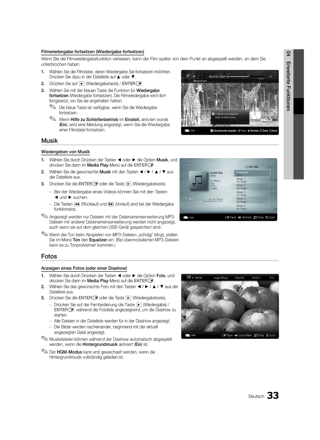 Samsung LE37C570, LE46C579, LE40C570, LE40C579, LE37C579, LE32C579, LE32C570, LE46C570 user manual Musik, Fotos 