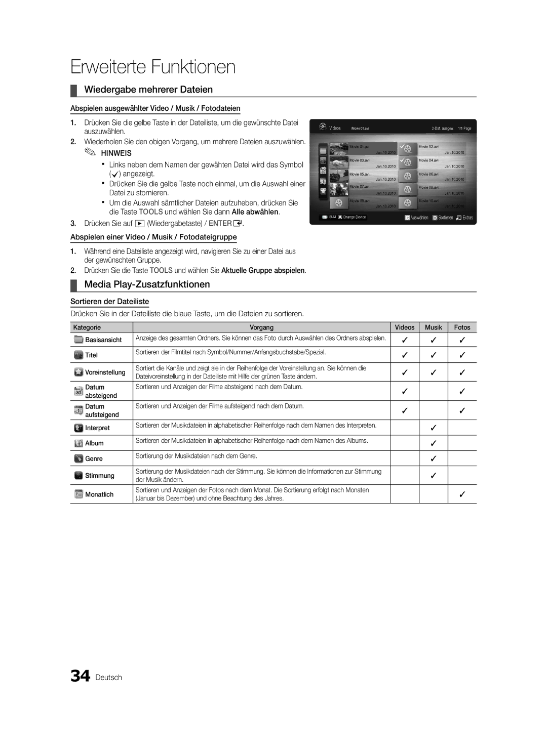 Samsung LE40C579, LE46C579, LE40C570, LE37C570, LE37C579, LE32C579 Wiedergabe mehrerer Dateien, Media Play-Zusatzfunktionen 