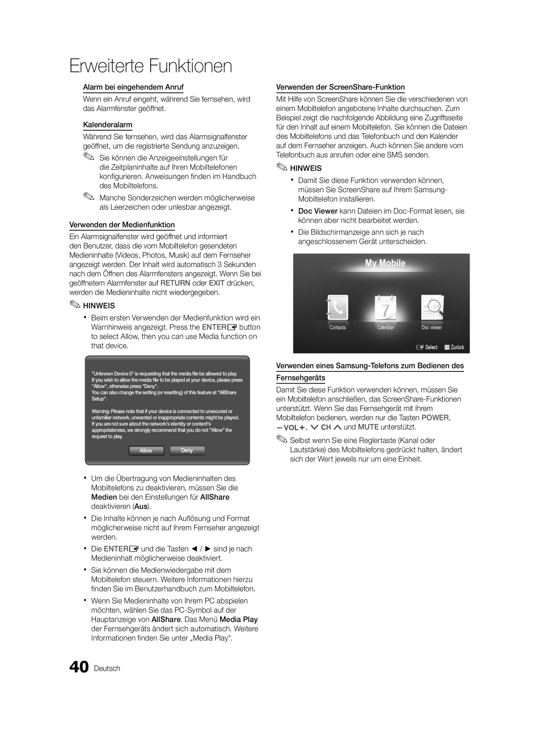 Samsung LE40C570, LE46C579, LE37C570, LE40C579 Verwenden der Medienfunktion, Deutsch Verwenden der ScreenShare-Funktion 