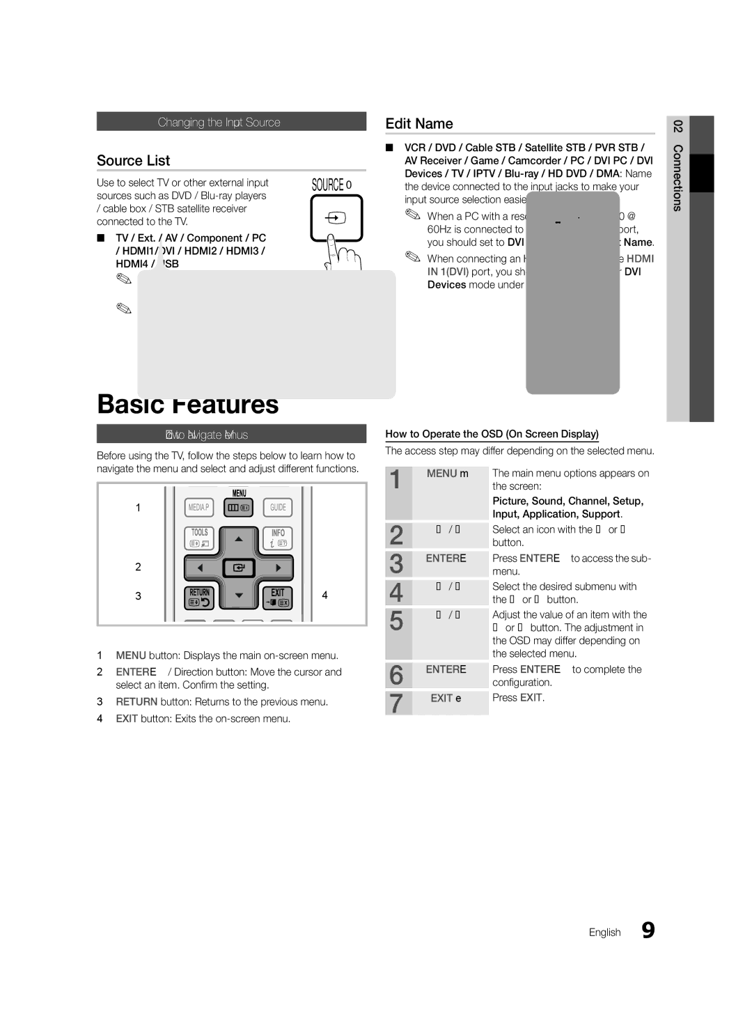 Samsung LE40C570, LE46C579 Basic Features, Source List, Edit Name, Changing the Input Source, How to Navigate Menus 