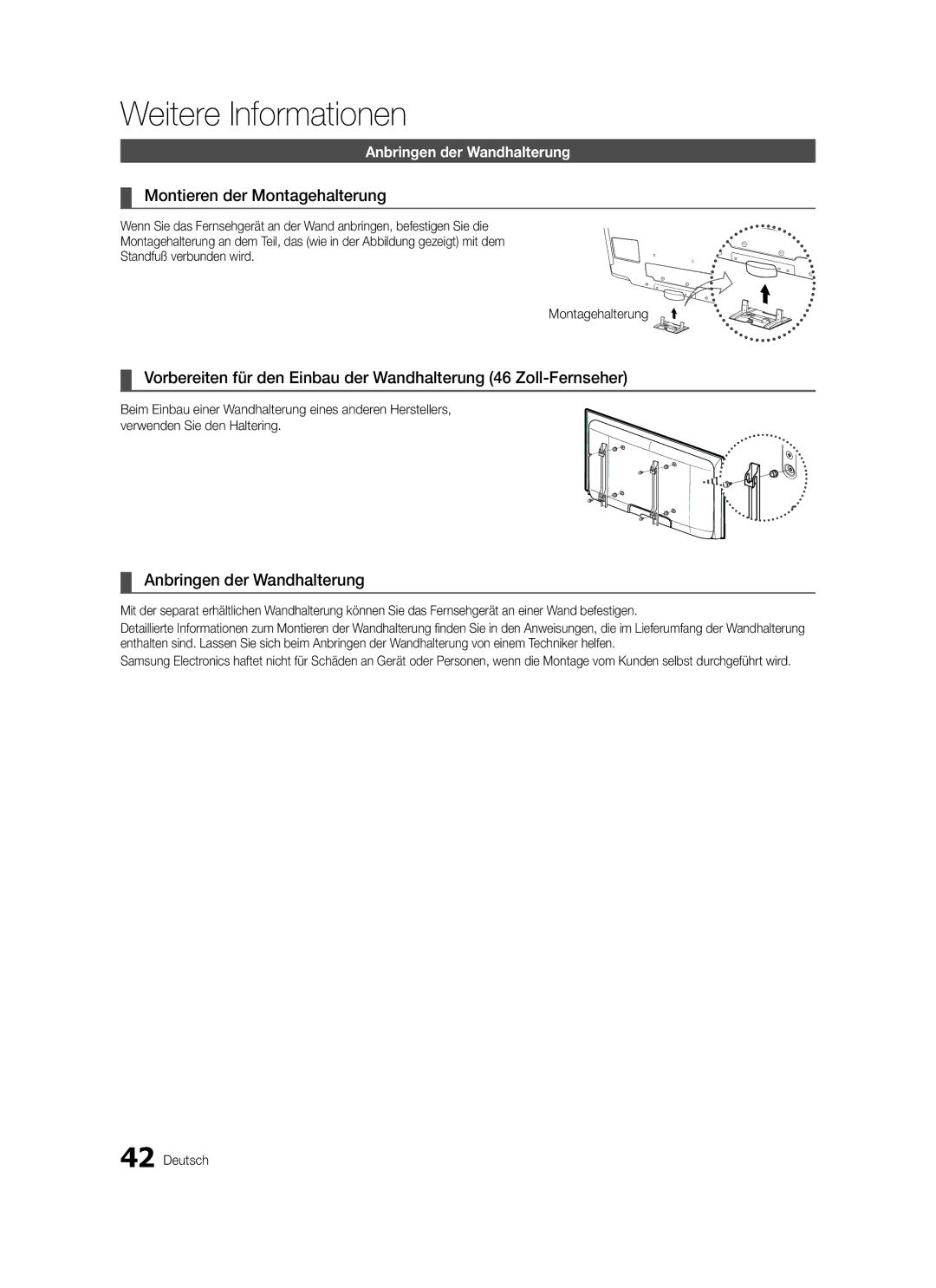 Samsung LE40C579, LE46C579, LE40C570, LE37C570, LE37C579, LE32C579 Montieren der Montagehalterung, Anbringen der Wandhalterung 