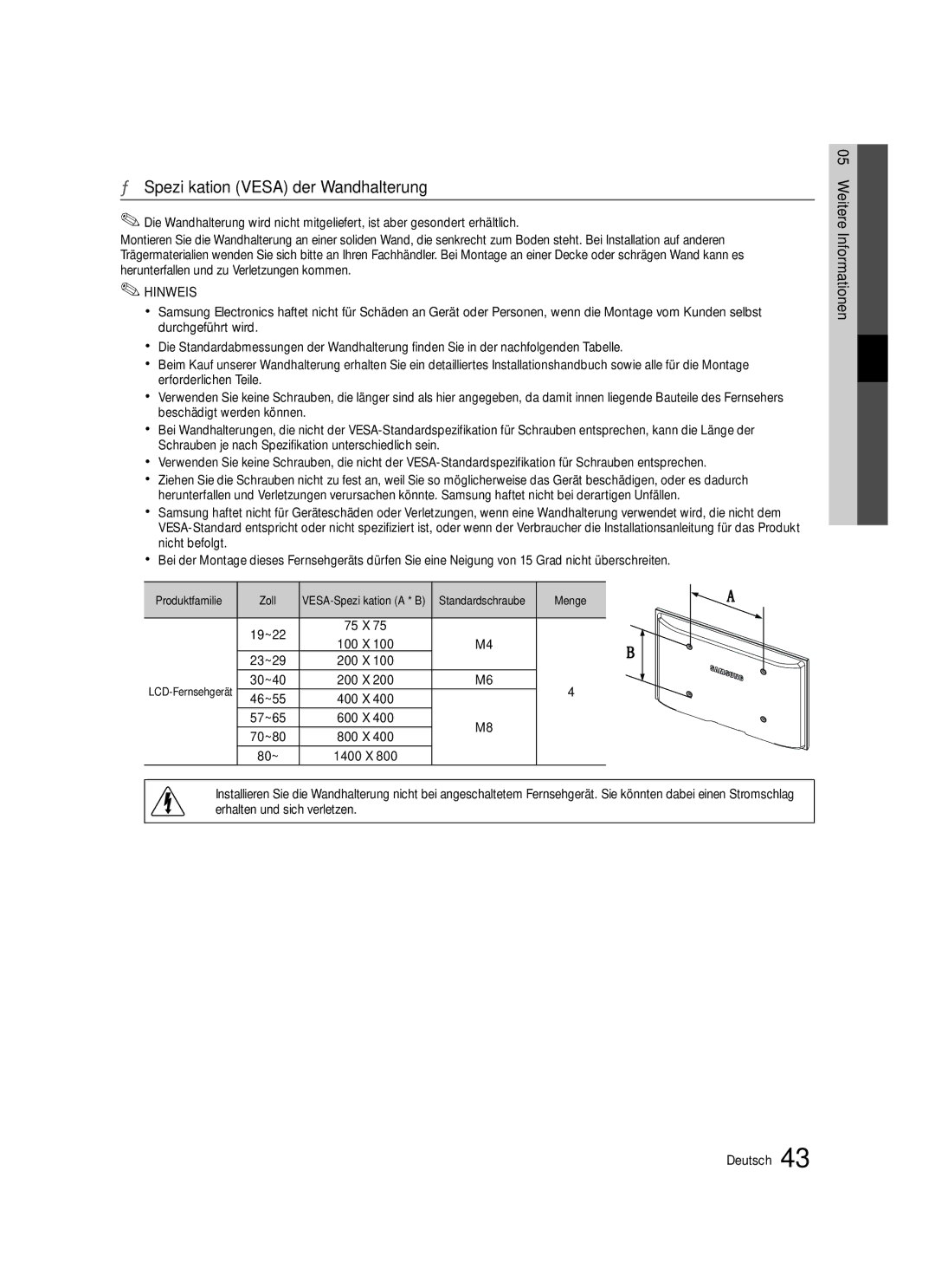 Samsung LE37C579, LE46C579, LE40C570, LE37C570, LE40C579, LE32C579 Spezifikation Vesa der Wandhalterung, Produktfamilie Zoll 