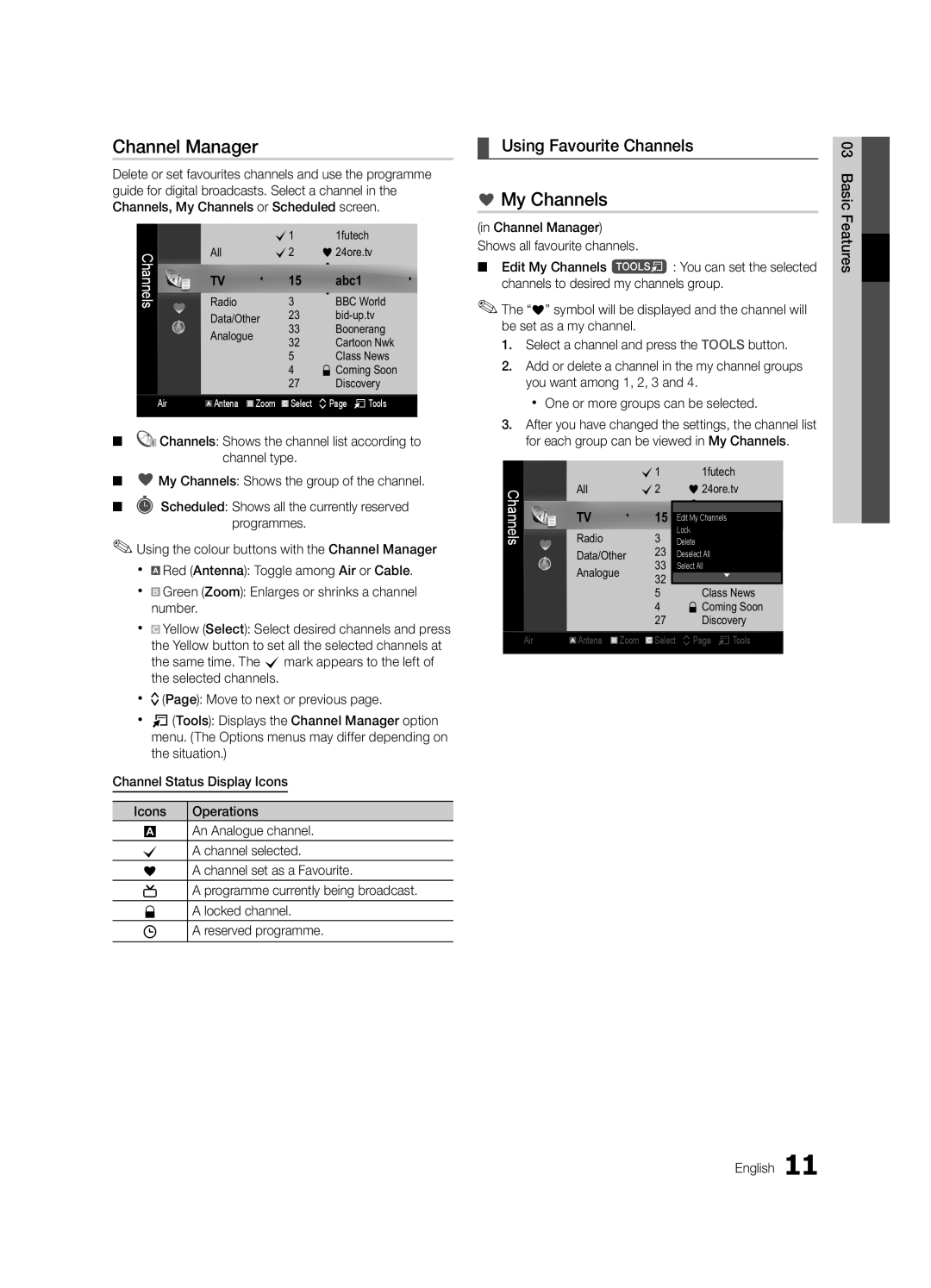 Samsung LE32C630, LE46C630, LE40C630, LE37C630 user manual Channel Manager, My Channels, Using Favourite Channels 