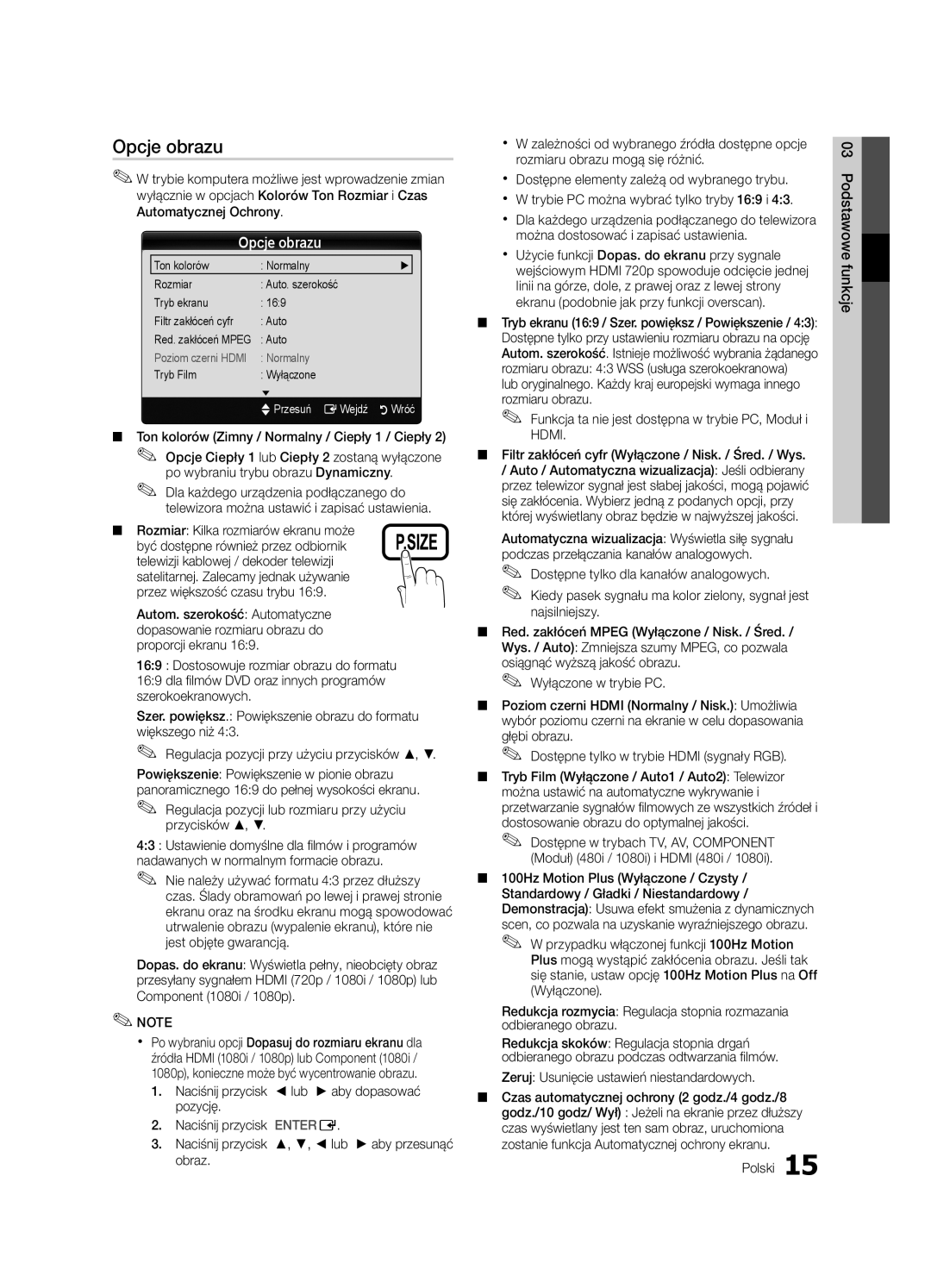 Samsung LE40C630, LE46C630, LE37C630, LE32C630 user manual Opcje obrazu 