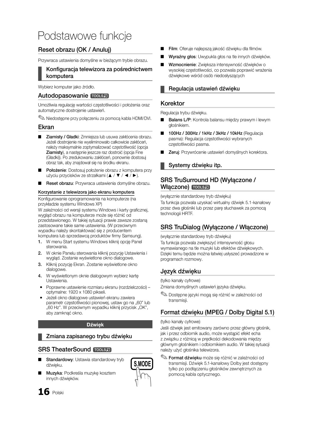 Samsung LE37C630 Reset obrazu OK / Anuluj, Autodopasowanie t, Ekran, Korektor, SRS TruSurround HD Wyłączone, Włączone t 