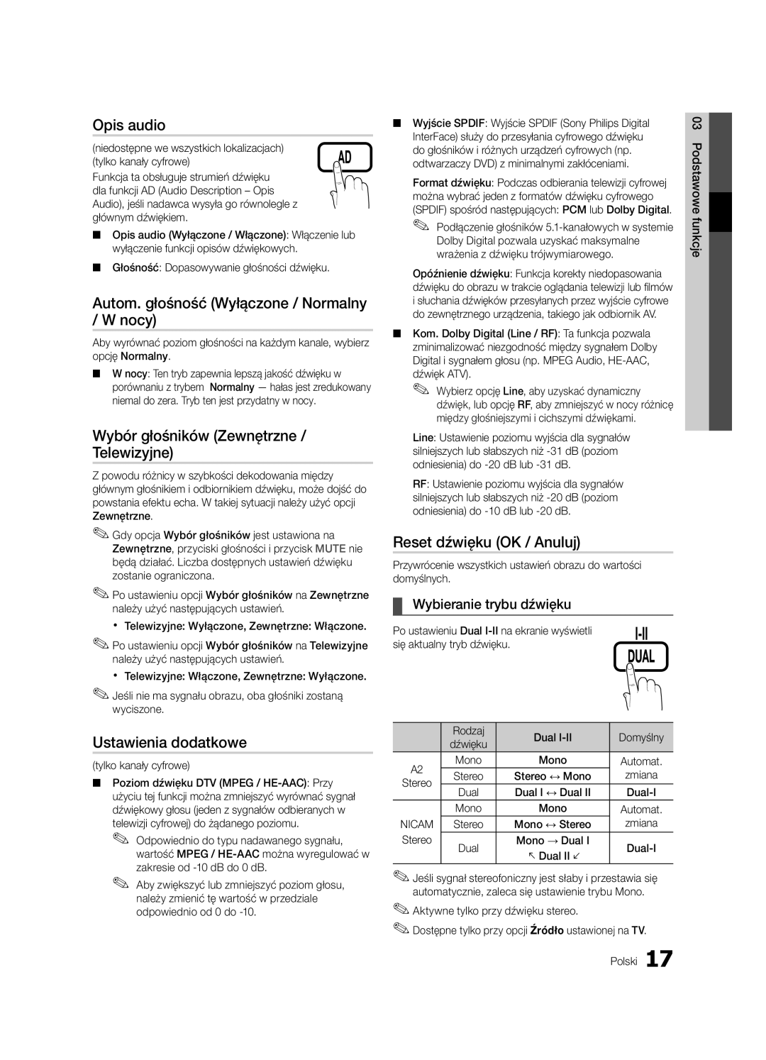 Samsung LE32C630 Opis audio, Autom. głośność Wyłączone / Normalny / W nocy, Wybór głośników Zewnętrzne / Telewizyjne 