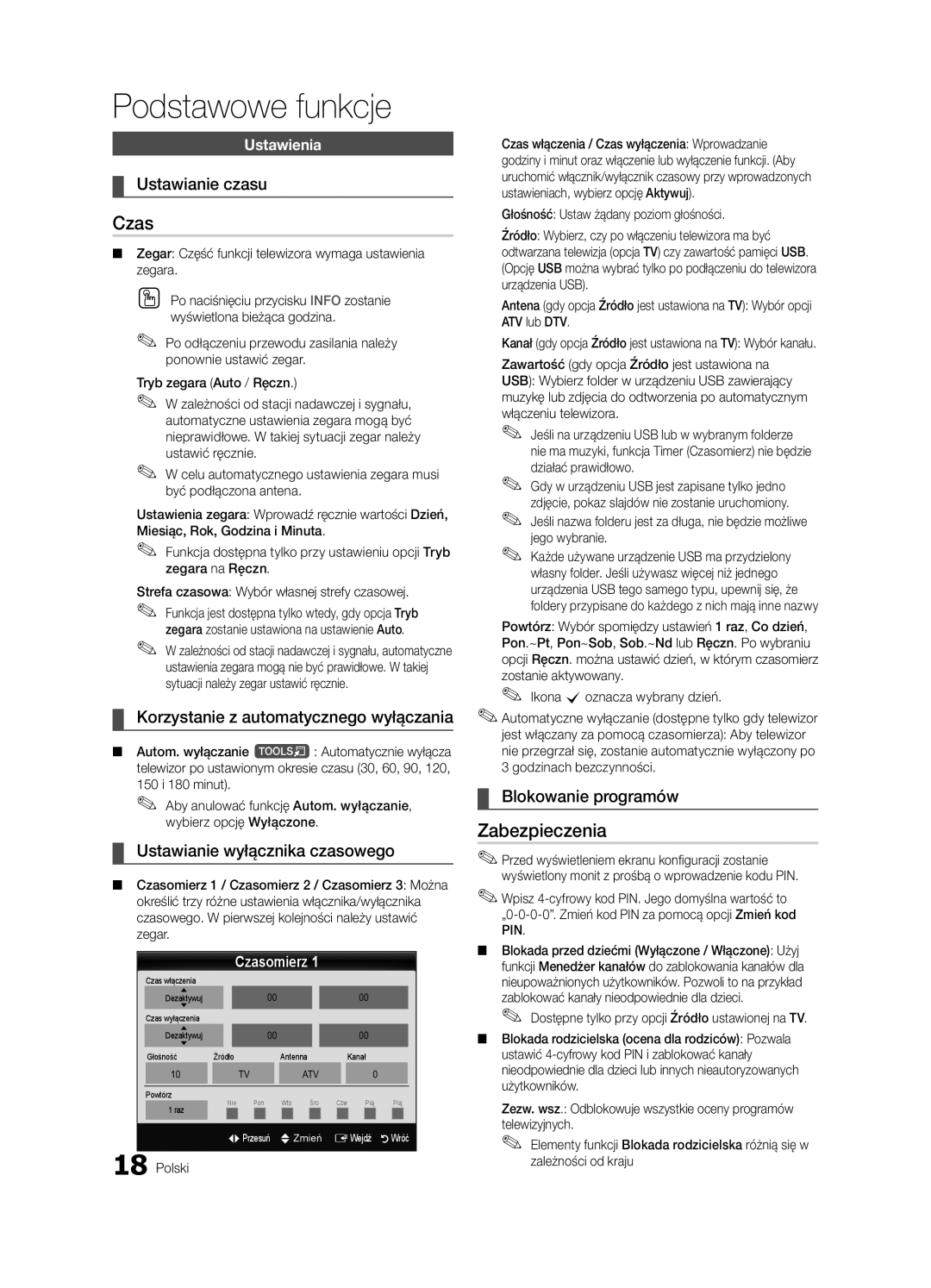 Samsung LE46C630, LE40C630, LE37C630, LE32C630 user manual Czas, Zabezpieczenia 