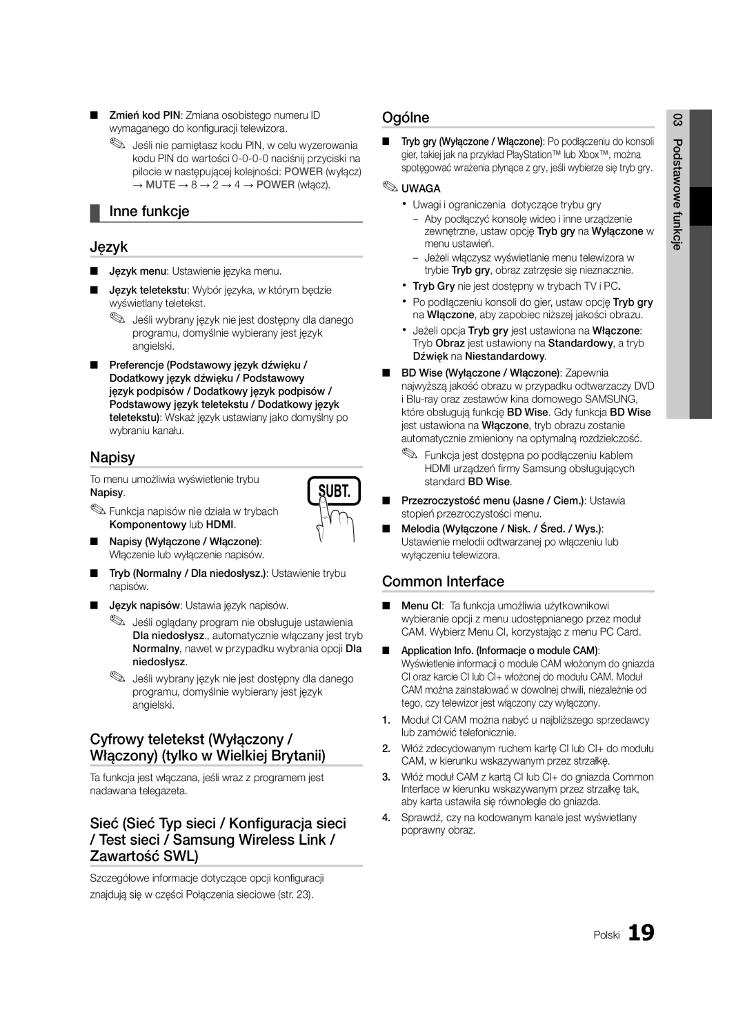 Samsung LE40C630, LE46C630, LE37C630, LE32C630 user manual Inne funkcje Język, Napisy, Ogólne 