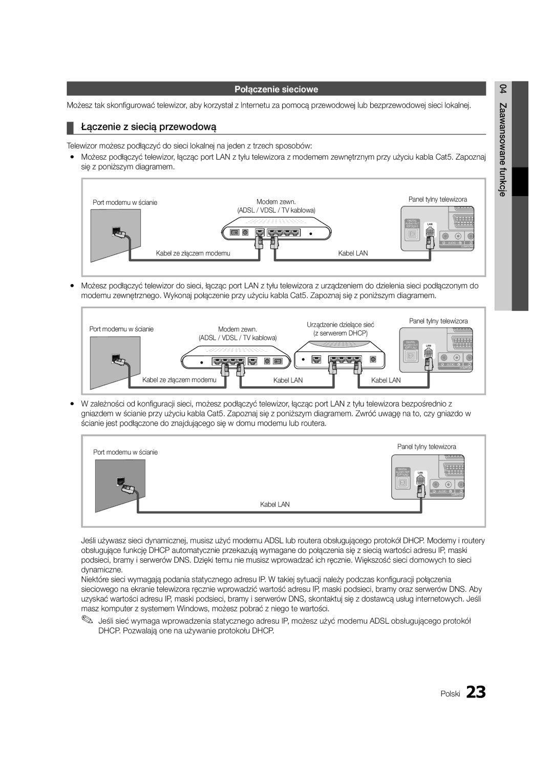 Samsung LE40C630, LE46C630, LE37C630, LE32C630 Łączenie z siecią przewodową, Połączenie sieciowe, Się z poniższym diagramem 