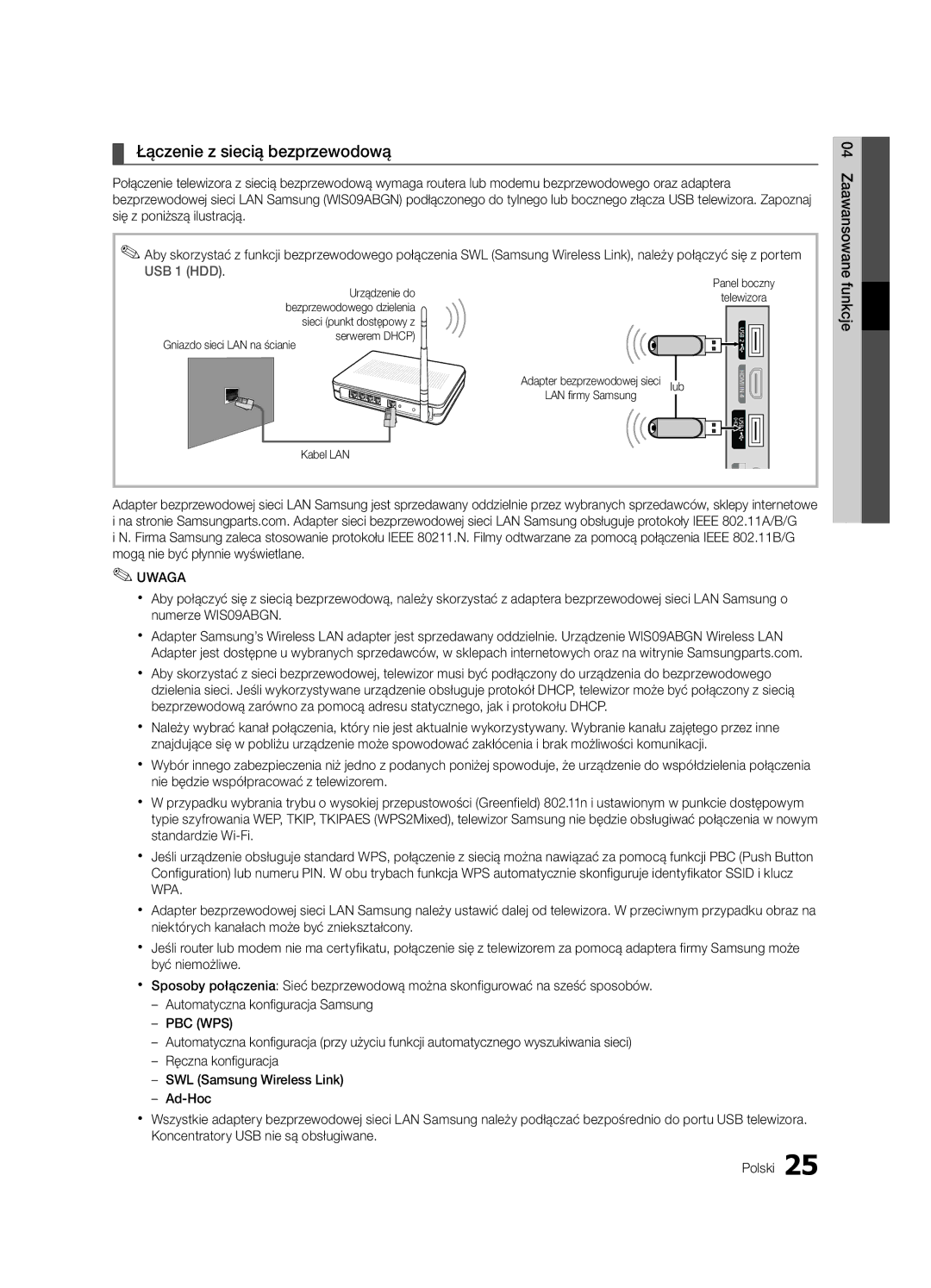 Samsung LE32C630, LE46C630, LE40C630, LE37C630 user manual Łączenie z siecią bezprzewodową, Się z poniższą ilustracją, Funkcje 