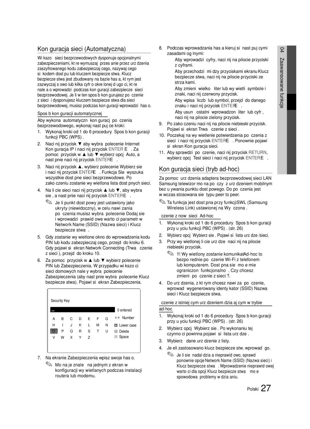 Samsung LE40C630, LE46C630, LE37C630, LE32C630 user manual Konfiguracja sieci tryb ad-hoc 