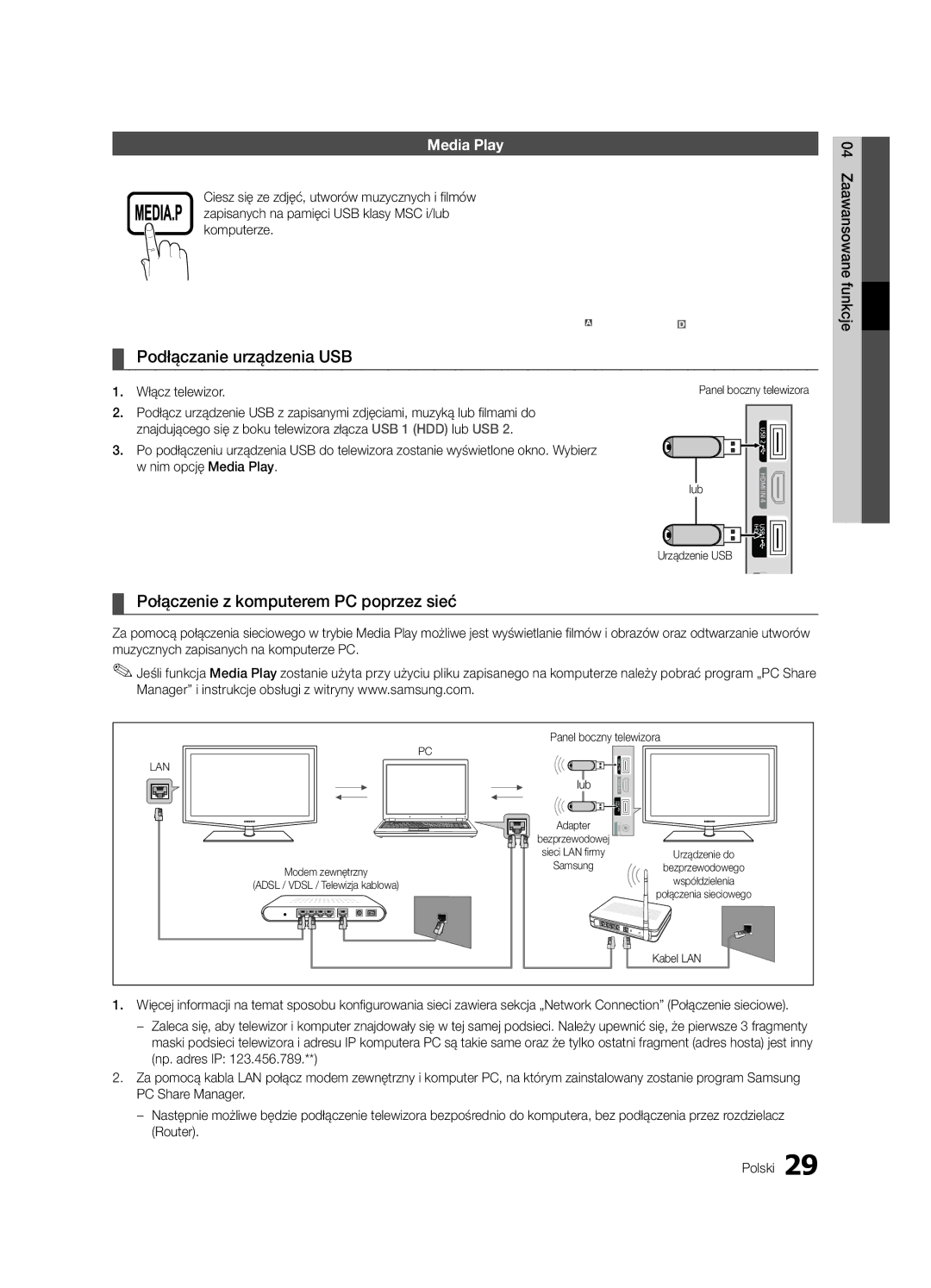 Samsung LE32C630 Podłączanie urządzenia USB, Połączenie z komputerem PC poprzez sieć, Włącz telewizor, Urządzenie USB 