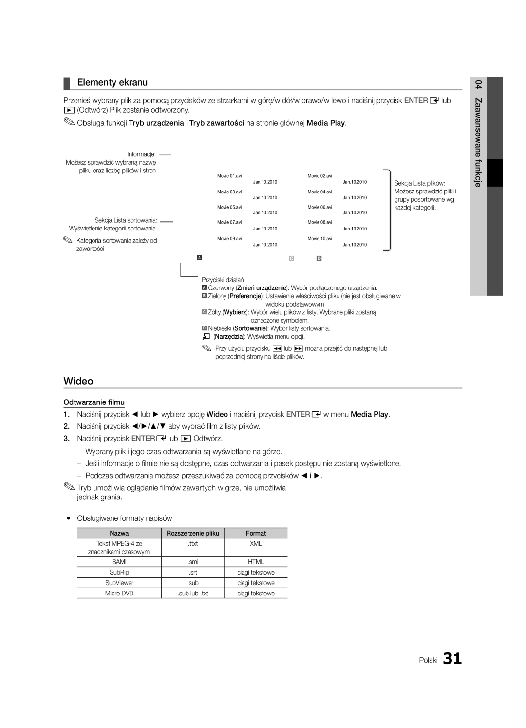 Samsung LE40C630, LE46C630, LE37C630, LE32C630 Wideo, Elementy ekranu, Informacje, Kategoria sortowania zależy od zawartości 