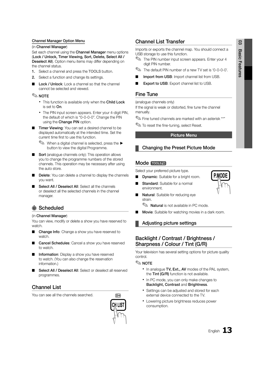 Samsung LE40C630, LE46C630, LE37C630, LE32C630 user manual Scheduled, Channel List Transfer, Fine Tune, Mode t 