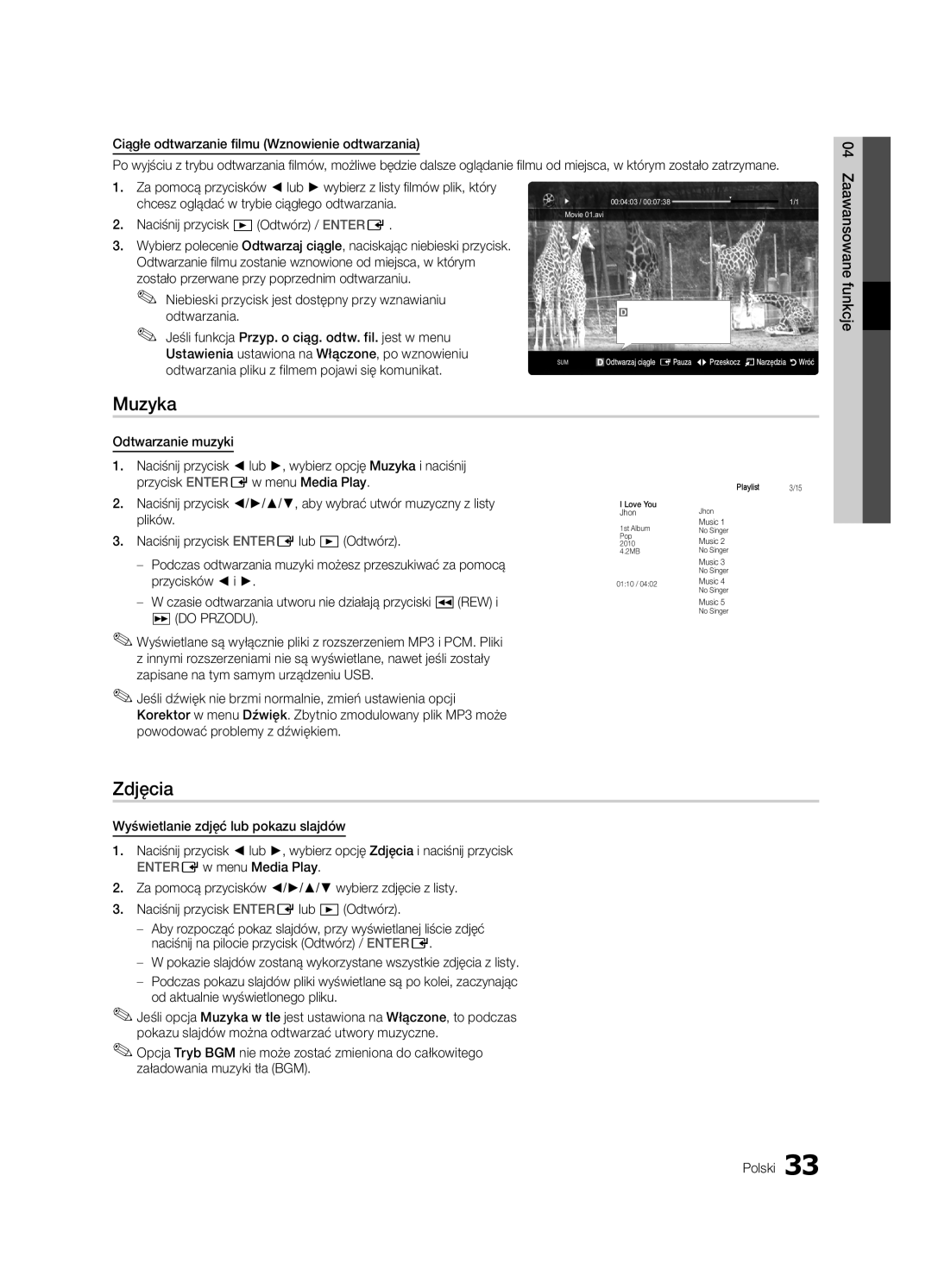 Samsung LE32C630, LE46C630, LE40C630, LE37C630 user manual Muzyka, Zdjęcia 