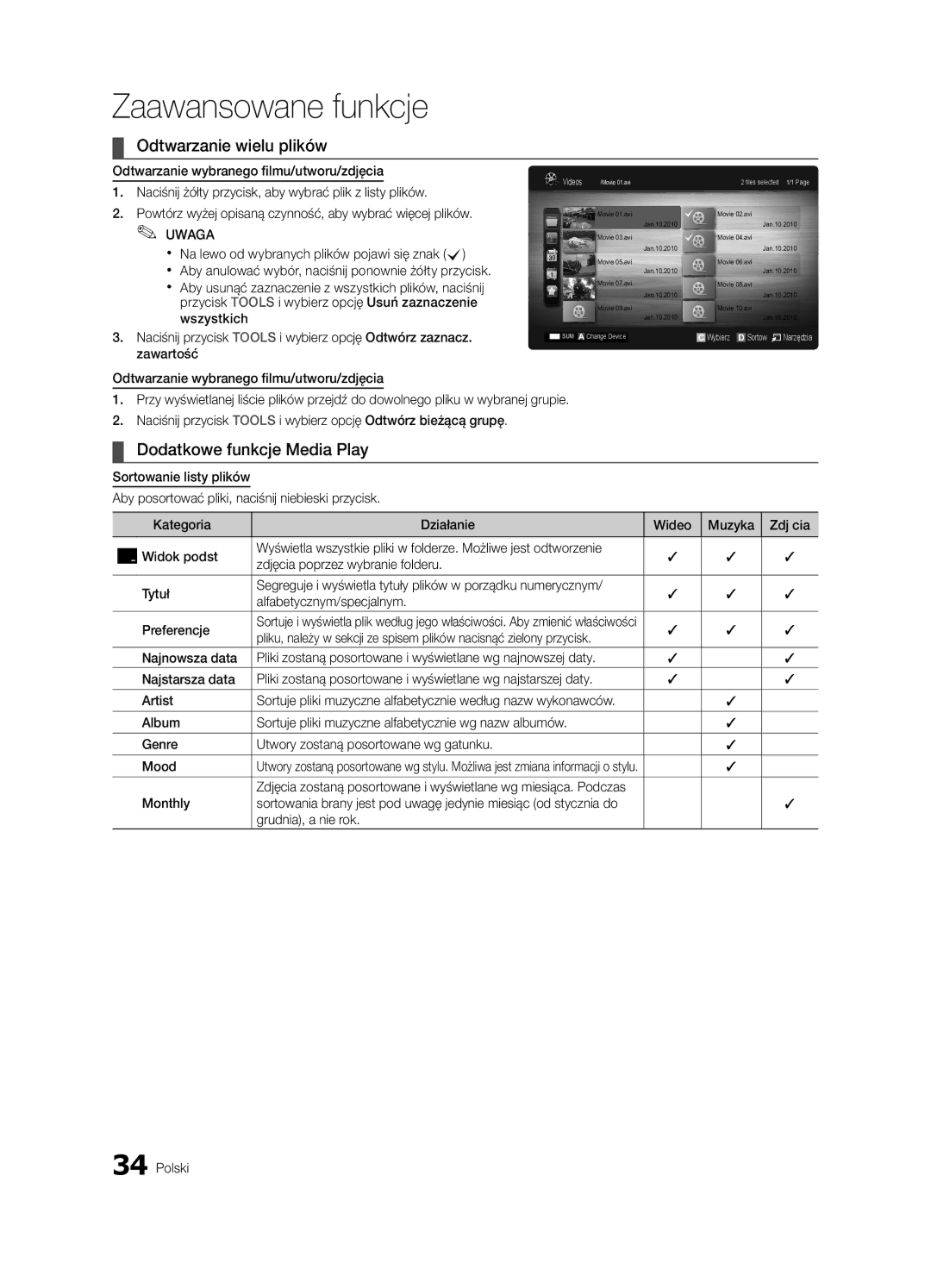 Samsung LE46C630, LE40C630, LE37C630, LE32C630 user manual Odtwarzanie wielu plików, Dodatkowe funkcje Media Play 