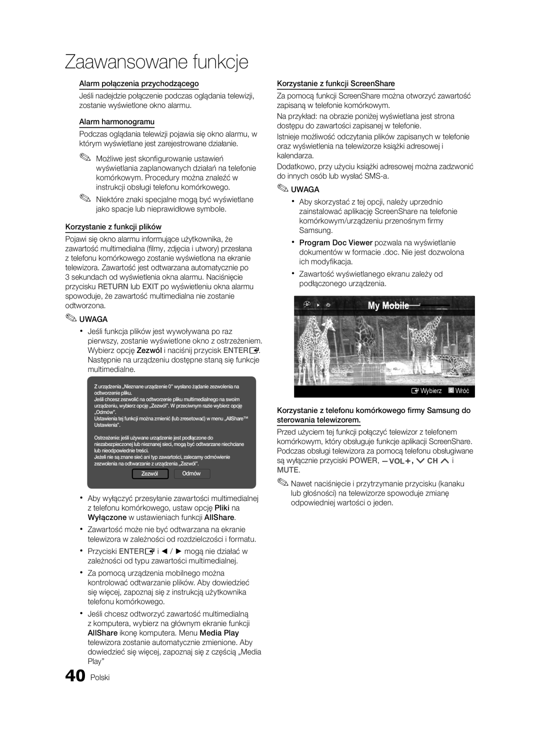 Samsung LE37C630, LE46C630, LE40C630, LE32C630 user manual Korzystanie z funkcji plików 