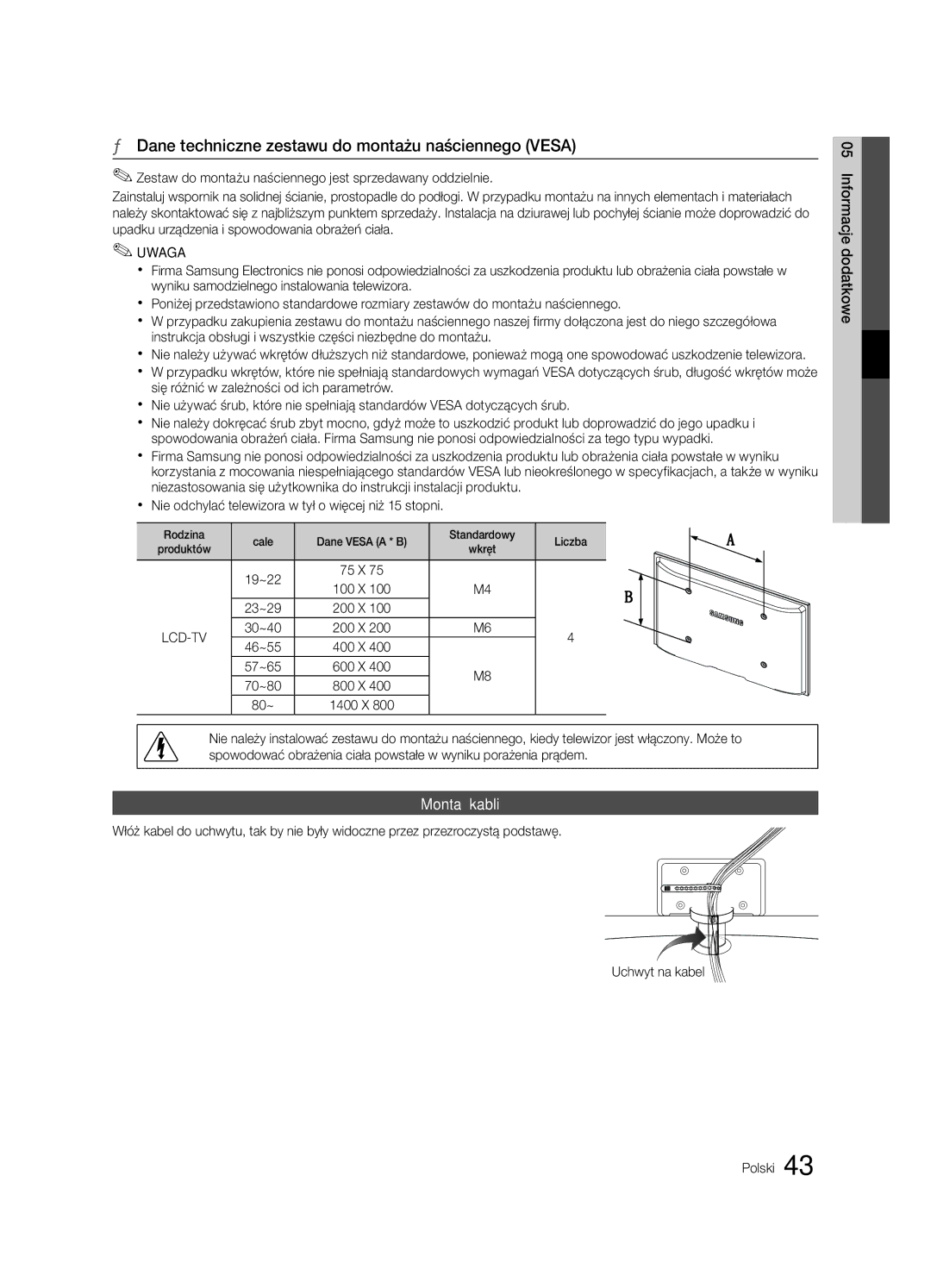 Samsung LE40C630, LE46C630, LE37C630, LE32C630 user manual Dane techniczne zestawu do montażu naściennego Vesa, Montaż kabli 