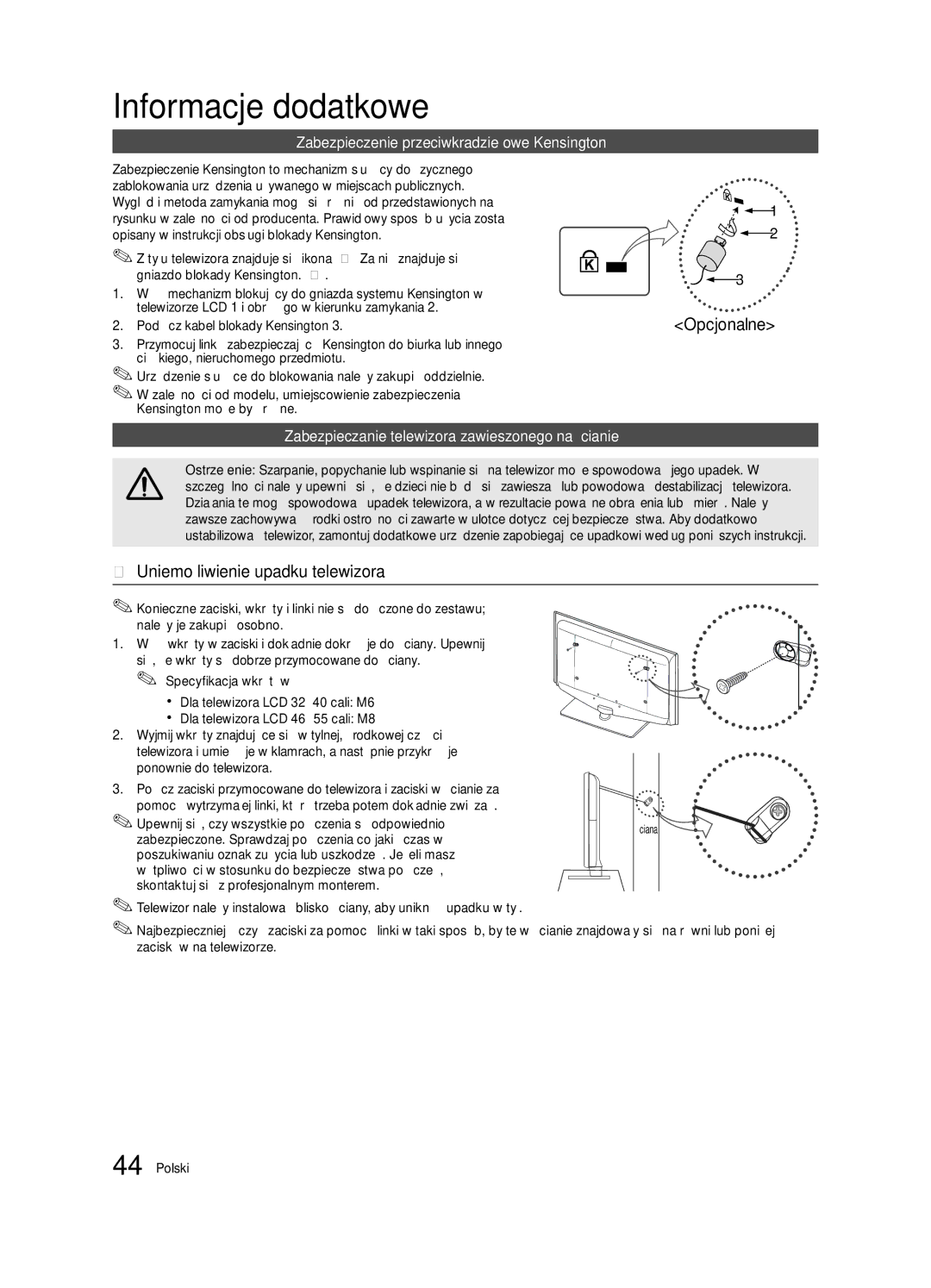 Samsung LE37C630, LE46C630, LE40C630 Uniemożliwienie upadku telewizora, Zabezpieczenie przeciwkradzieżowe Kensington 