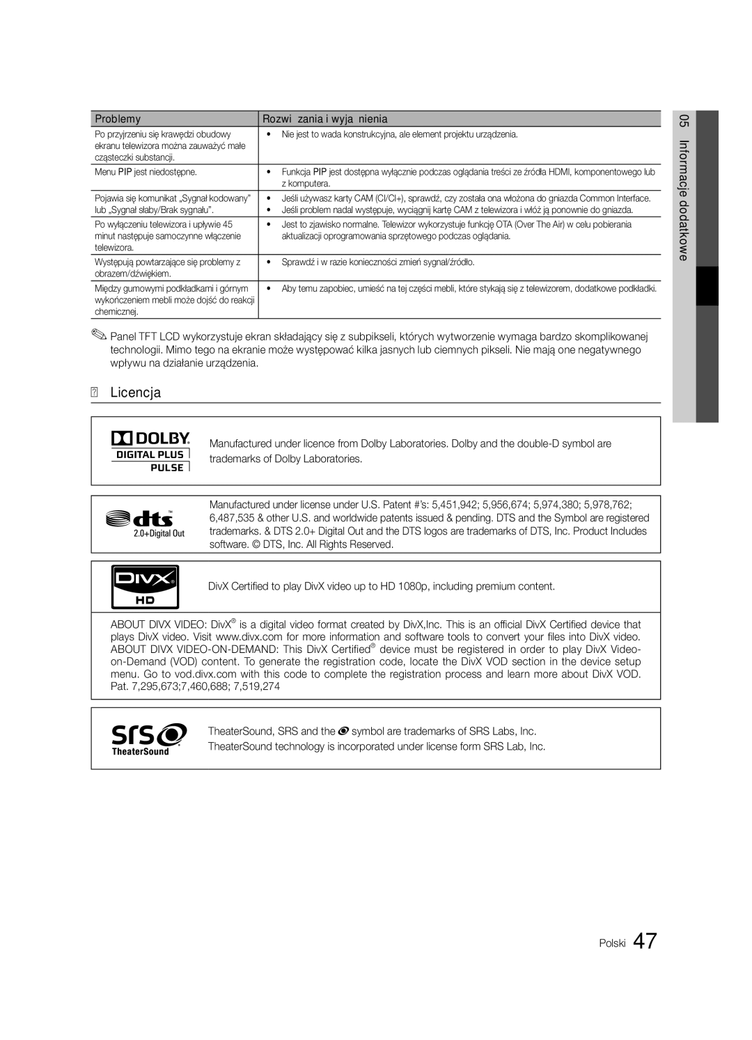 Samsung LE40C630, LE46C630, LE37C630, LE32C630 user manual Licencja 