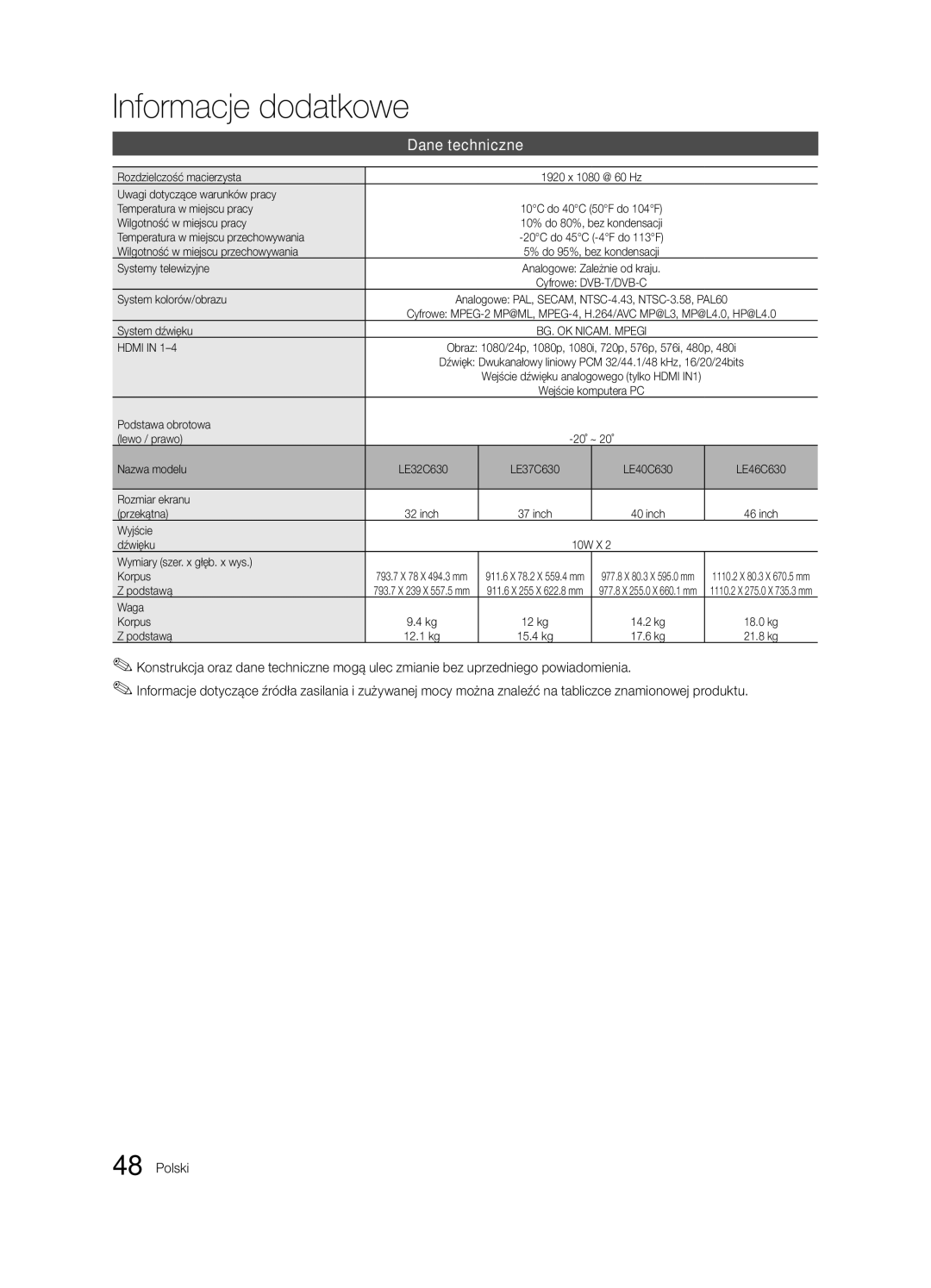 Samsung LE37C630, LE46C630, LE40C630, LE32C630 user manual Dane techniczne 