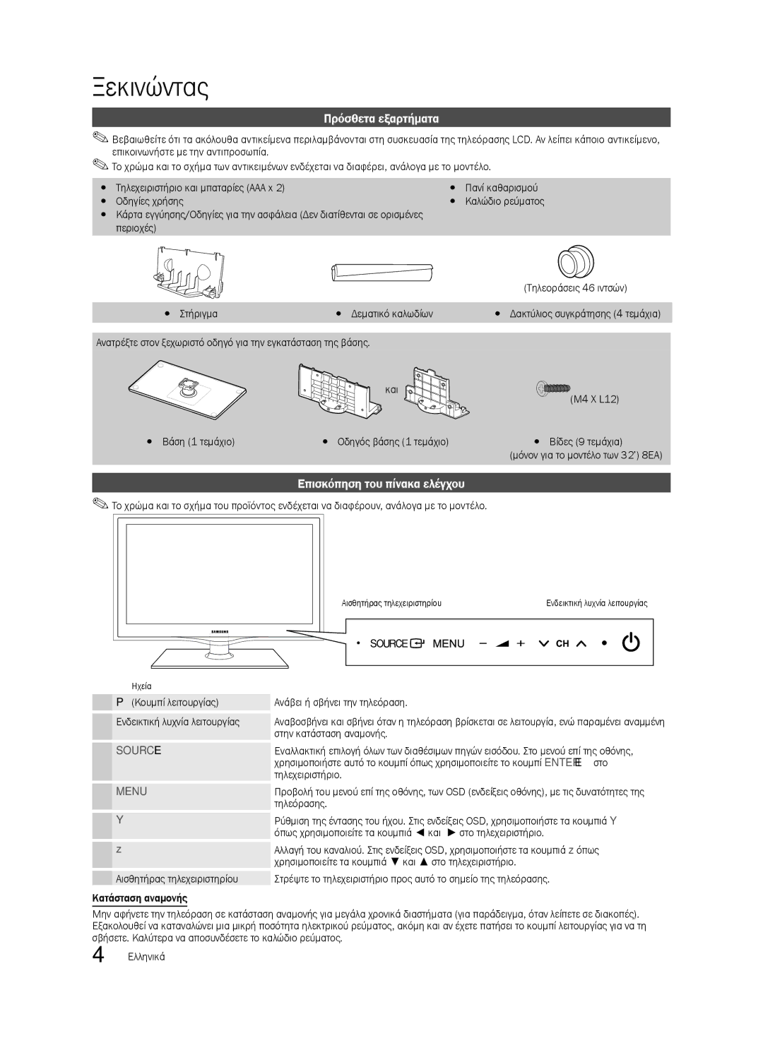 Samsung LE32C630, LE46C630, LE40C630, LE37C630 user manual Ξεκινώντας, Πρόσθετα εξαρτήματα, Επισκόπηση του πίνακα ελέγχου 